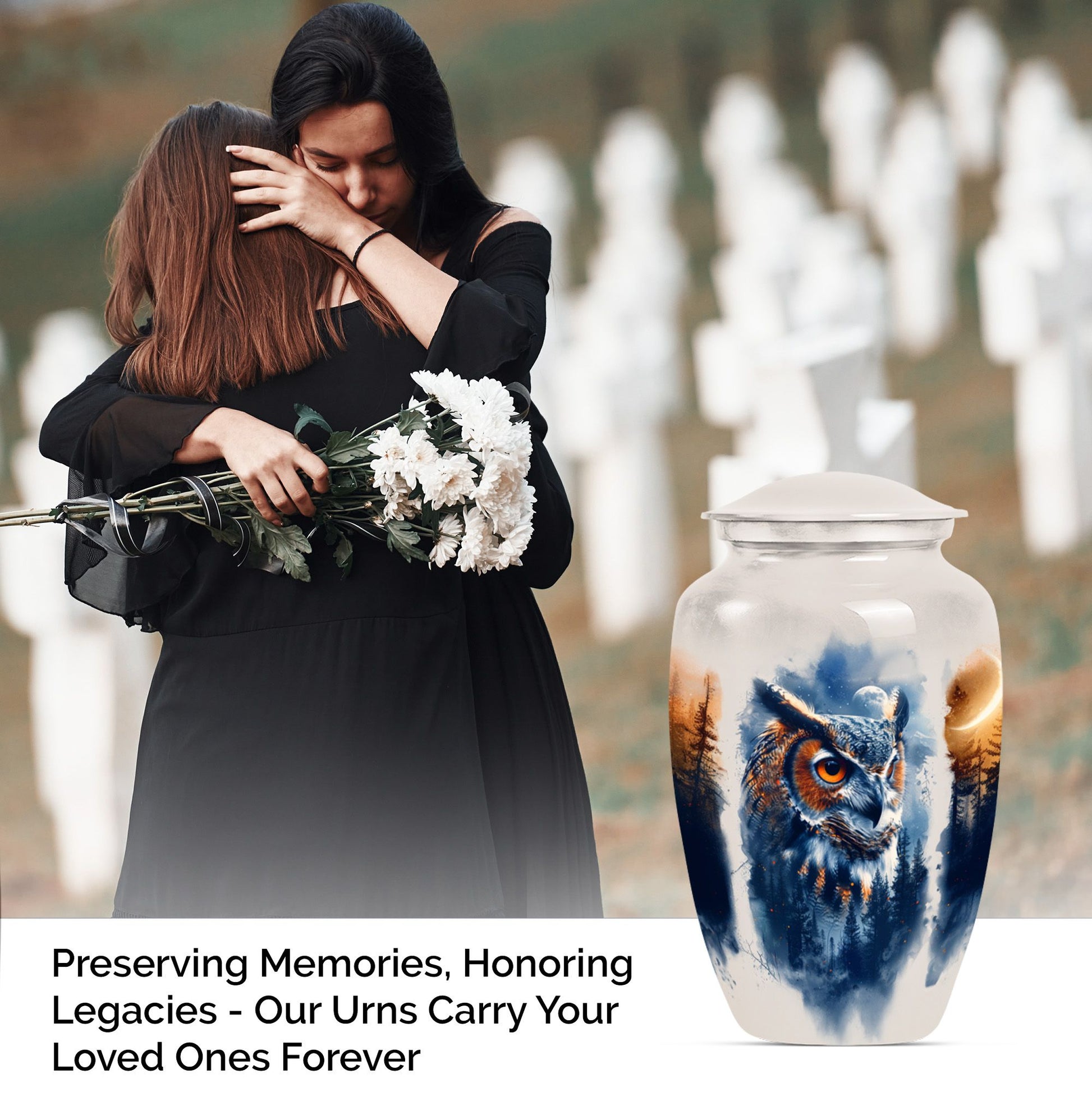 10-inch owl cremation urn with wolf howling 