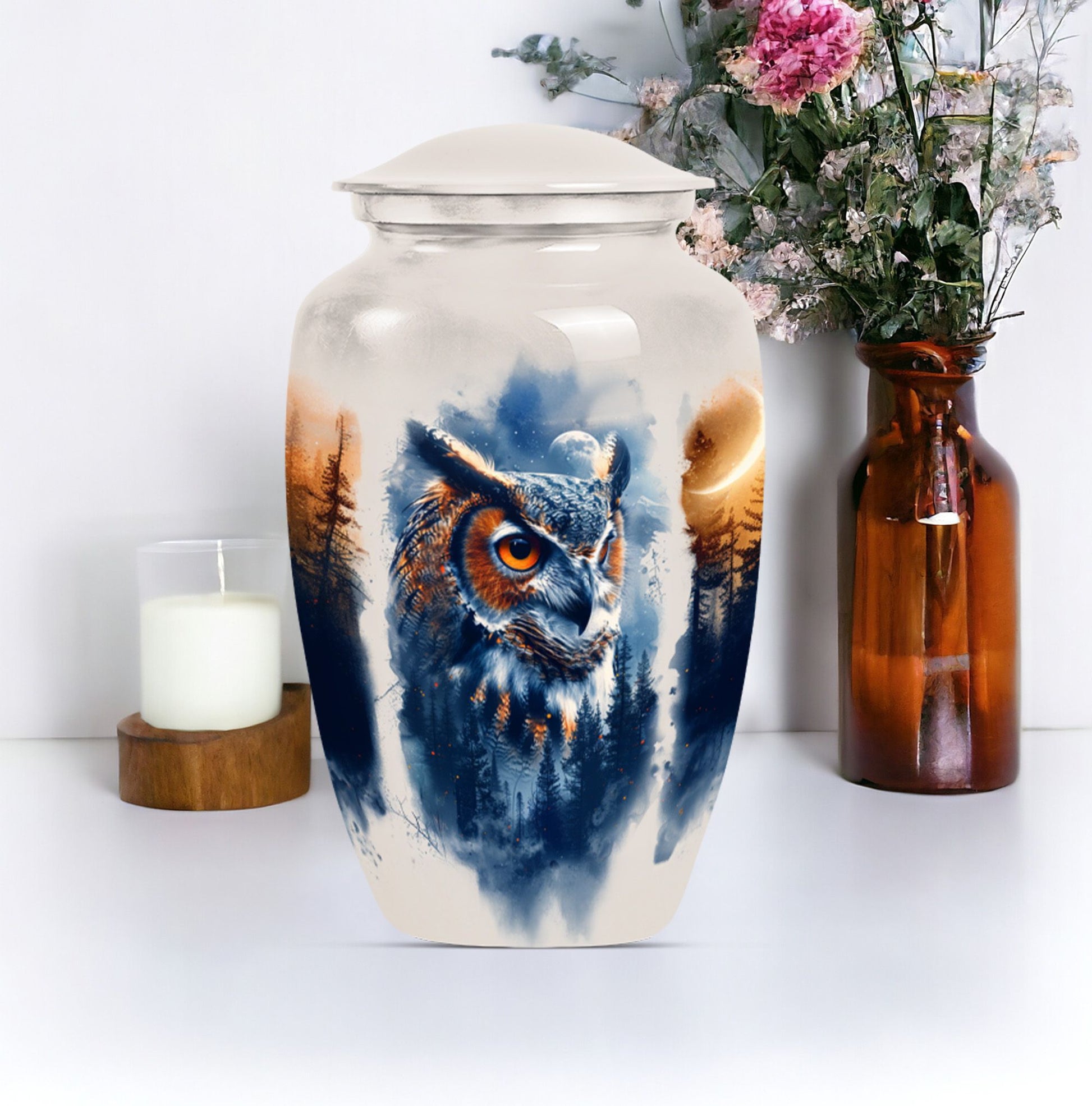 10-inch owl cremation urn with wolf howling 