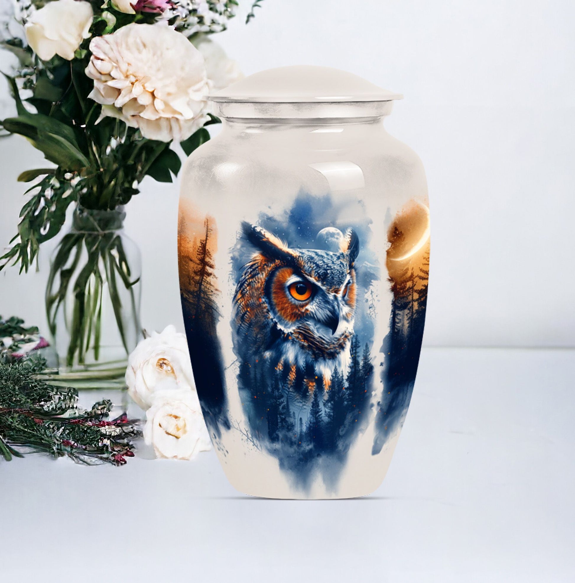 10-inch owl cremation urn with wolf howling 