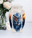 10-inch owl cremation urn with wolf howling 