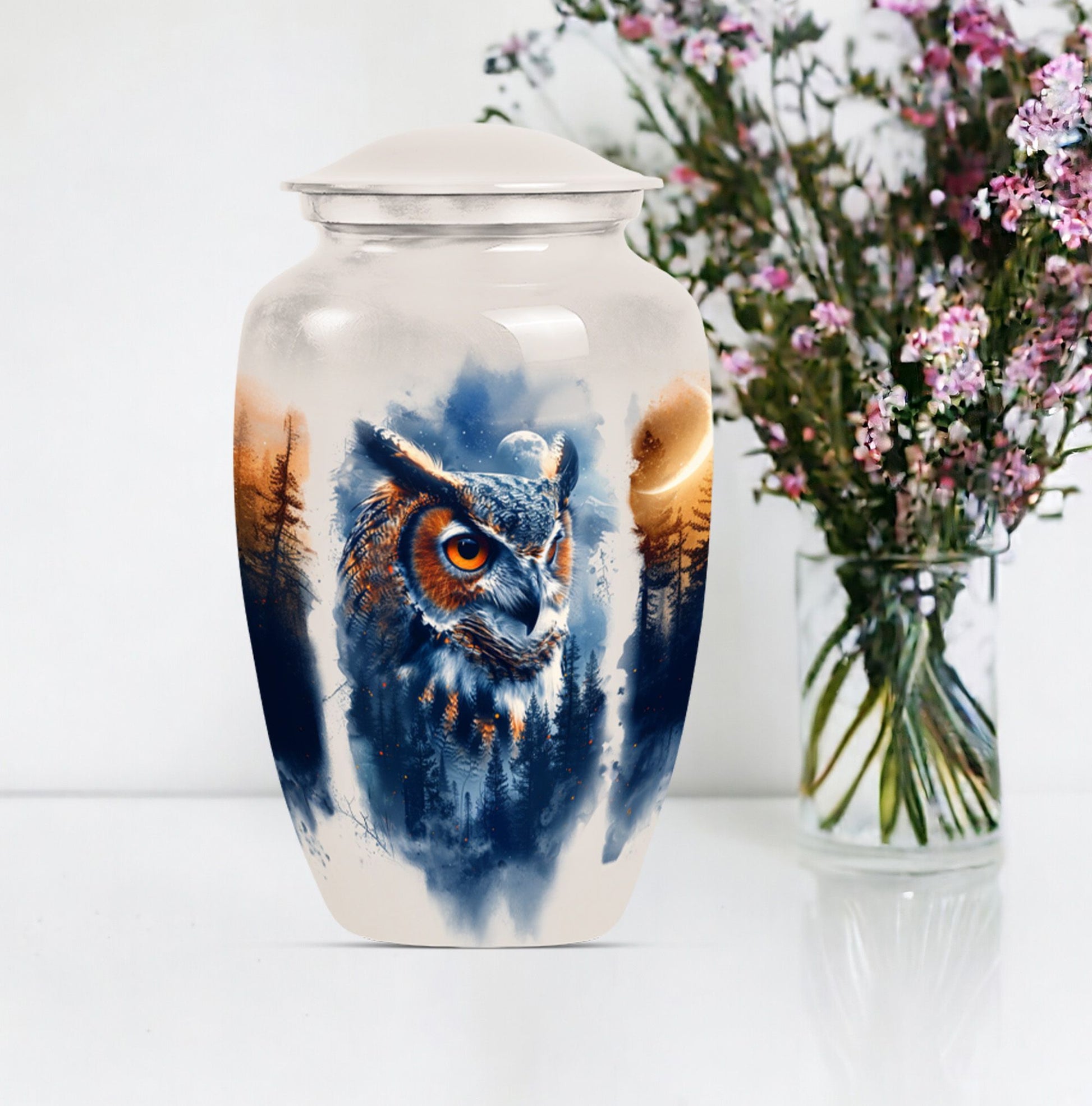 10-inch owl cremation urn with wolf howling 