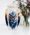 10-inch owl cremation urn with wolf howling 