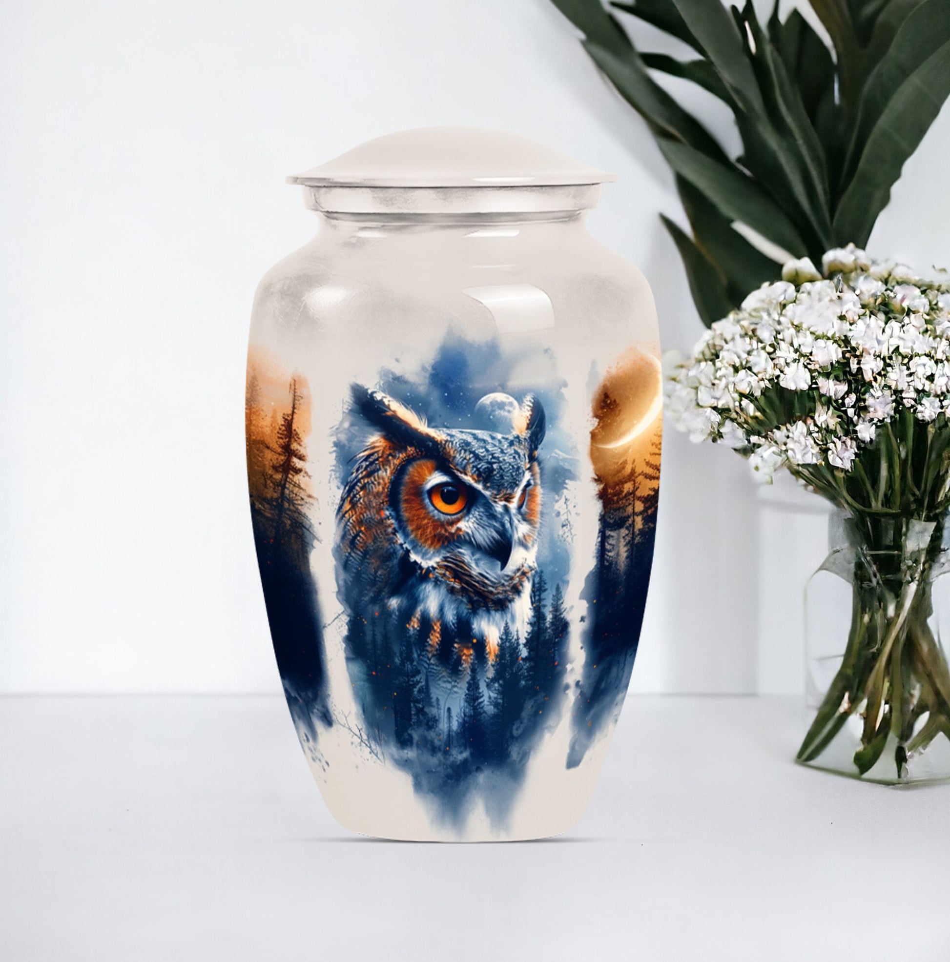 10-inch owl cremation urn with wolf howling 