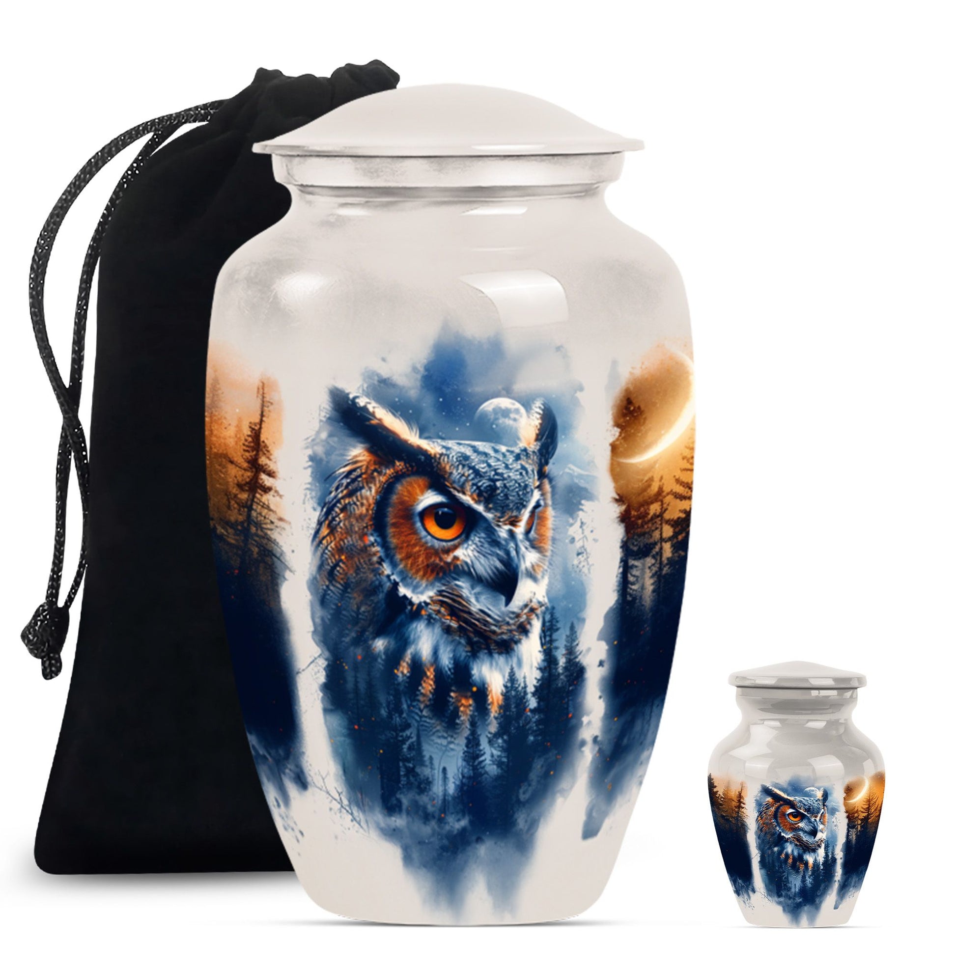 10-inch owl cremation urn with wolf howling 