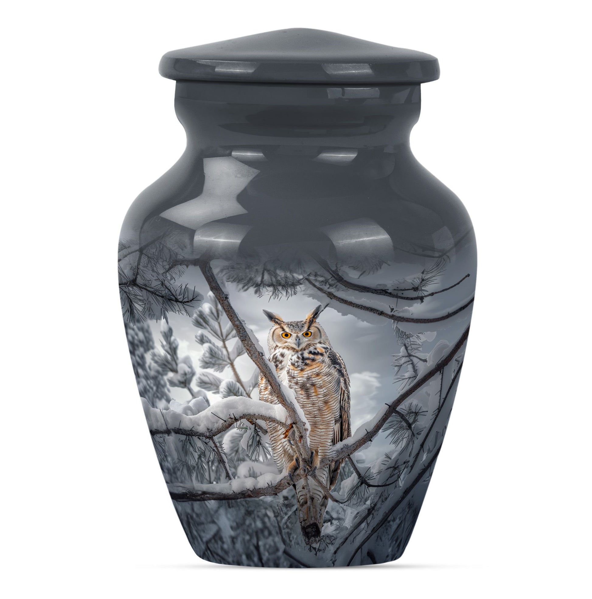 10-inch owl urn, aluminum funeral urn with a wolf howling.