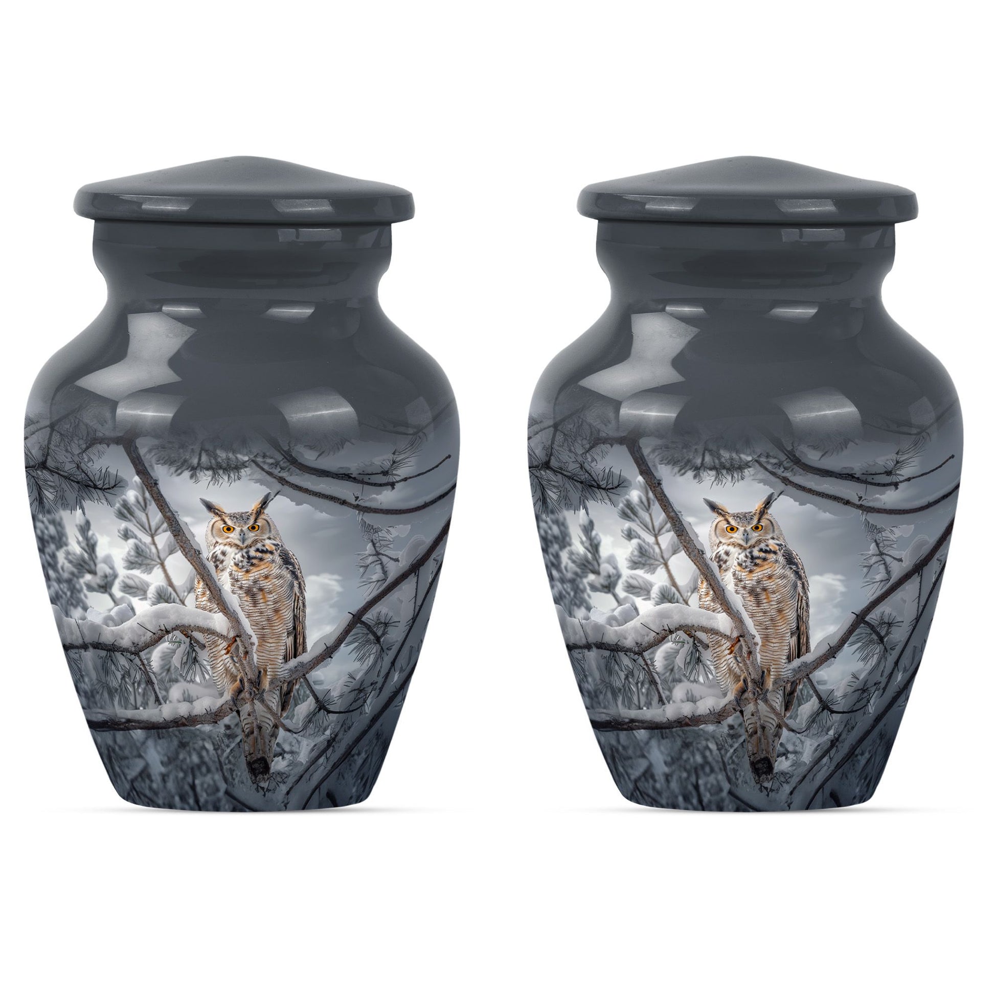 10-inch owl urn, aluminum funeral urn with a wolf howling.