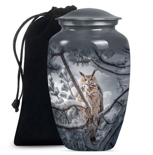 10-inch owl urn, aluminum funeral urn with a wolf howling.