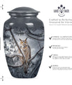 10-inch owl urn, aluminum funeral urn with a wolf howling.