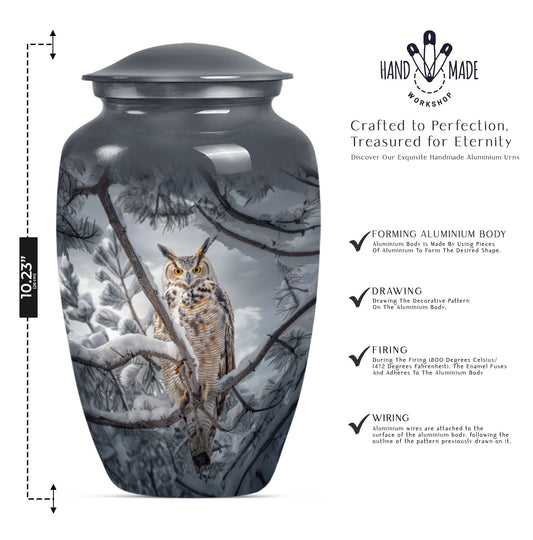 10-inch owl urn, aluminum funeral urn with a wolf howling.