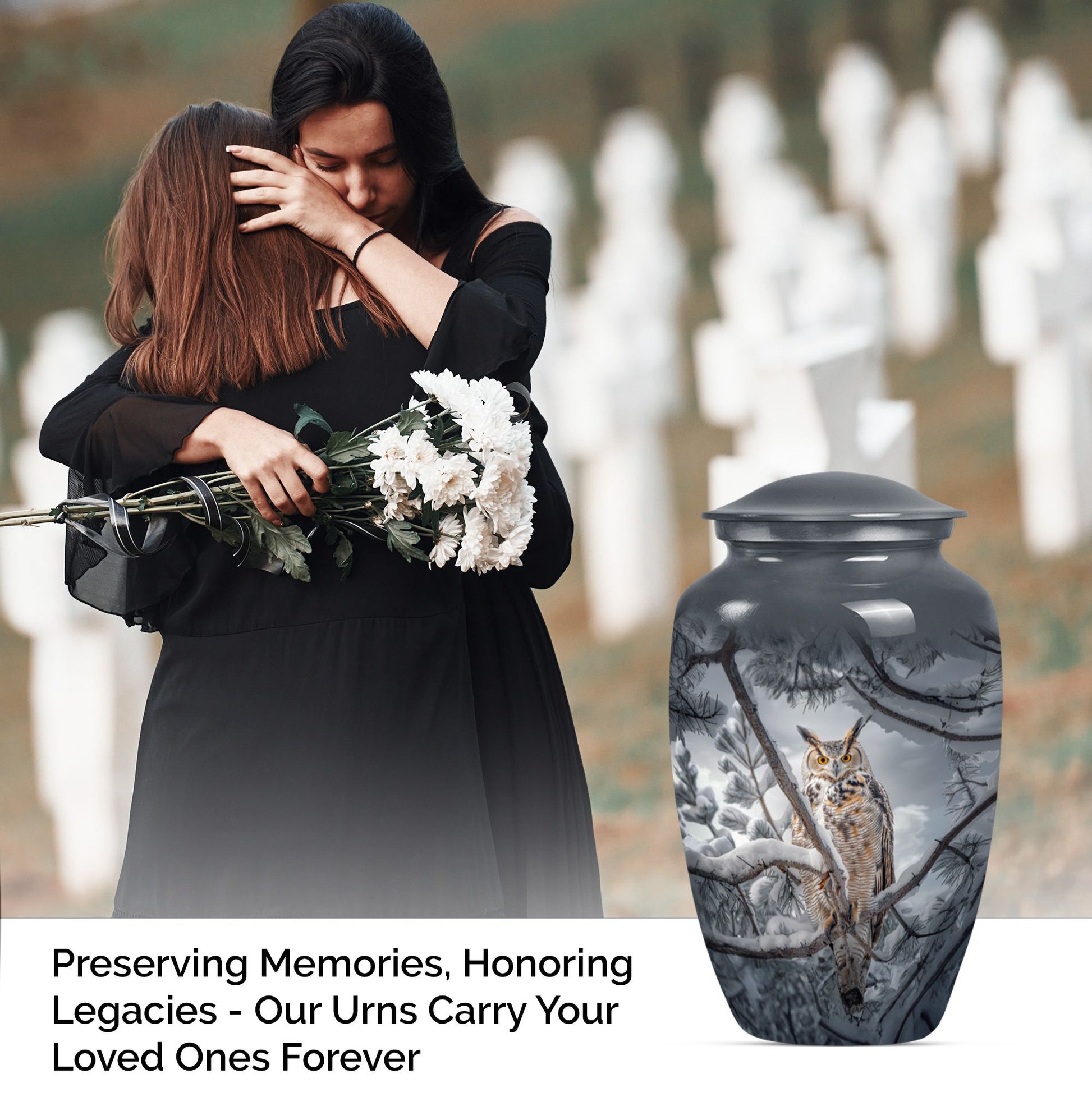 10-inch owl urn, aluminum funeral urn with a wolf howling.