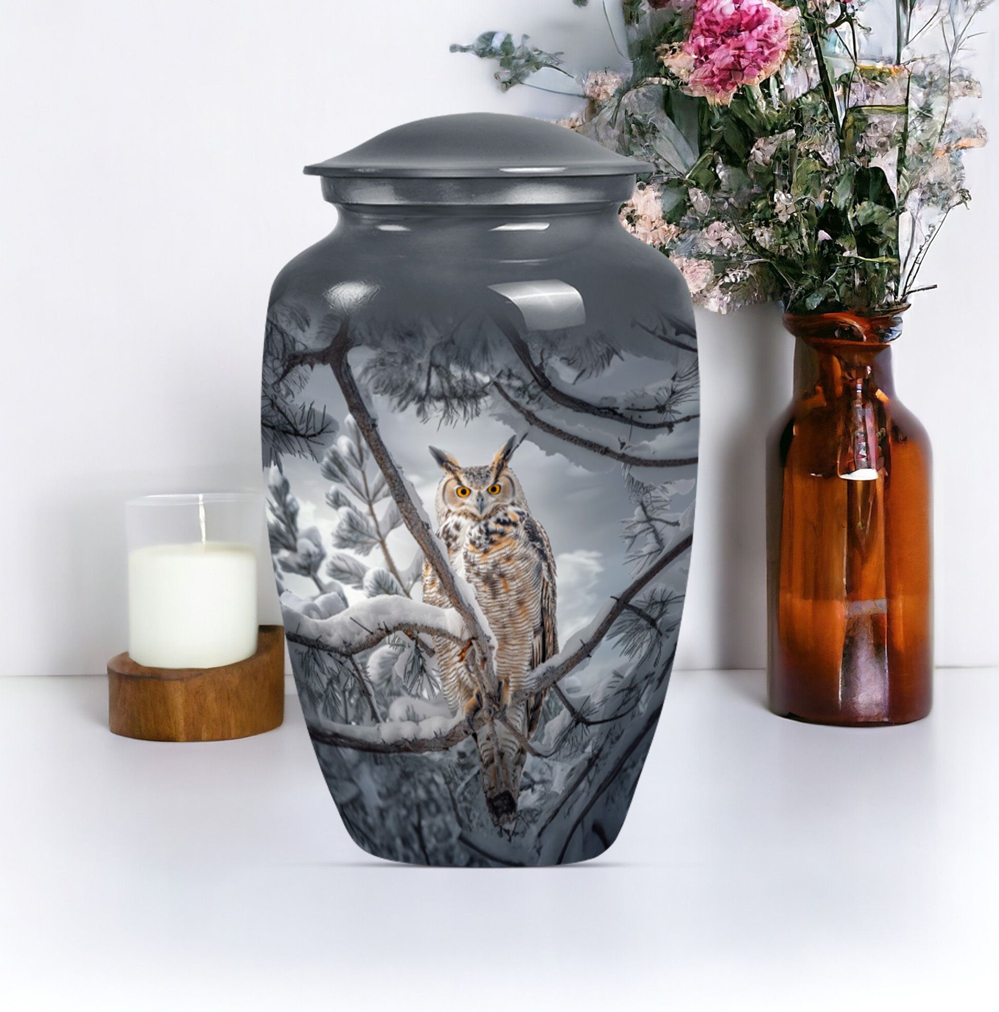 10-inch owl urn, aluminum funeral urn with a wolf howling.