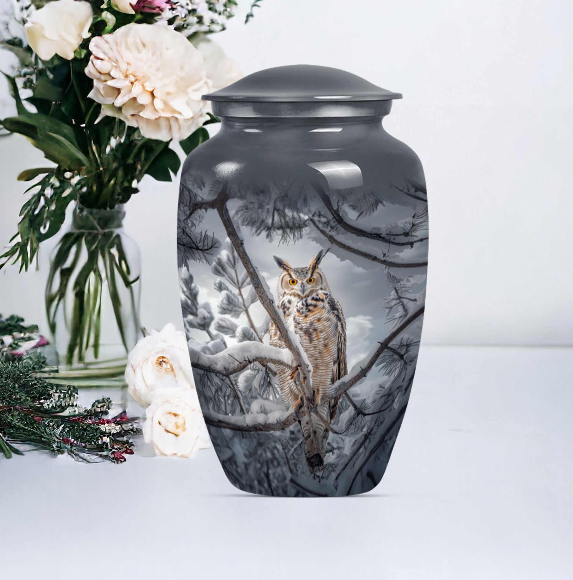 10-inch owl urn, aluminum funeral urn with a wolf howling.