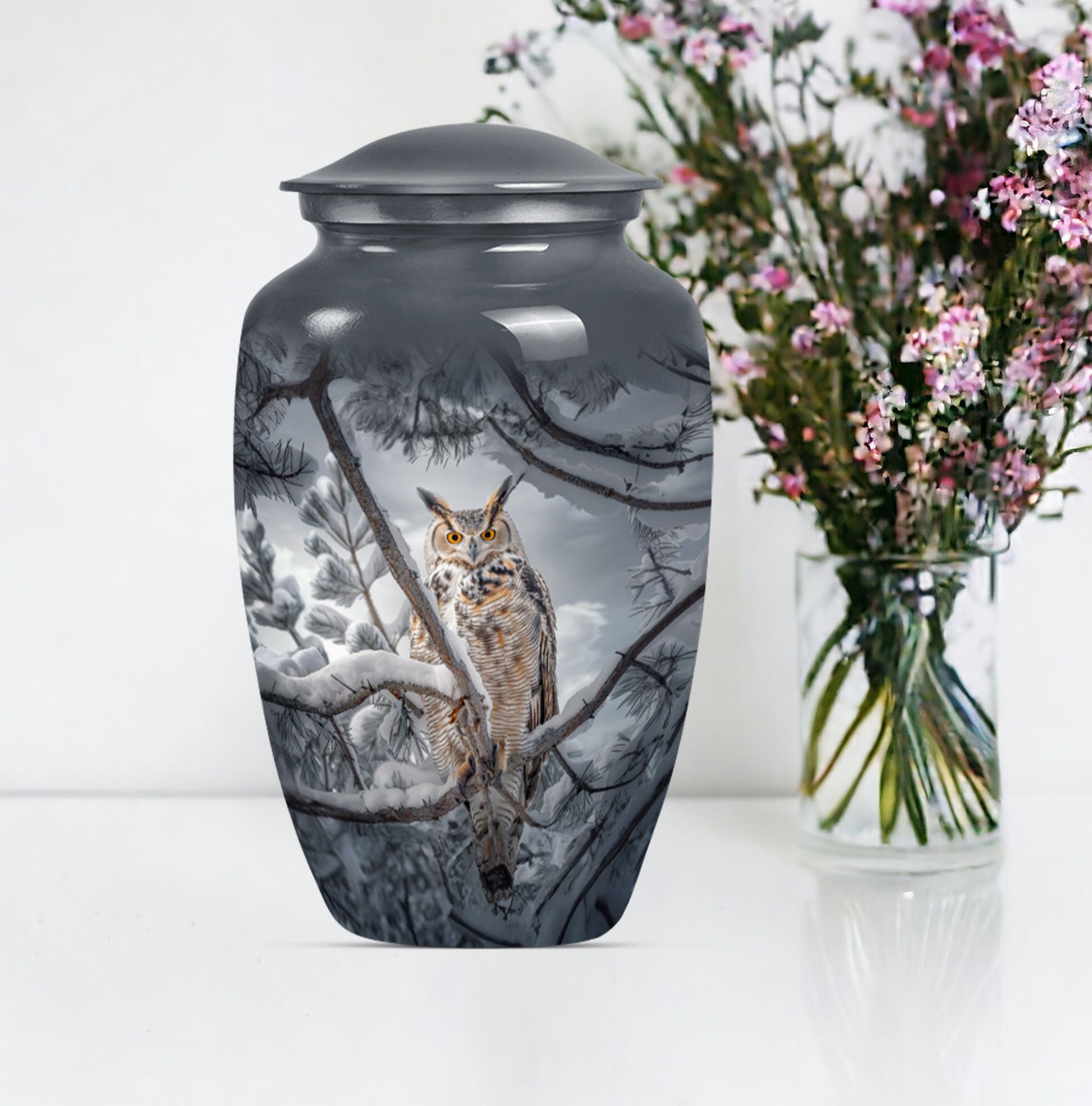 10-inch owl urn, aluminum funeral urn with a wolf howling.