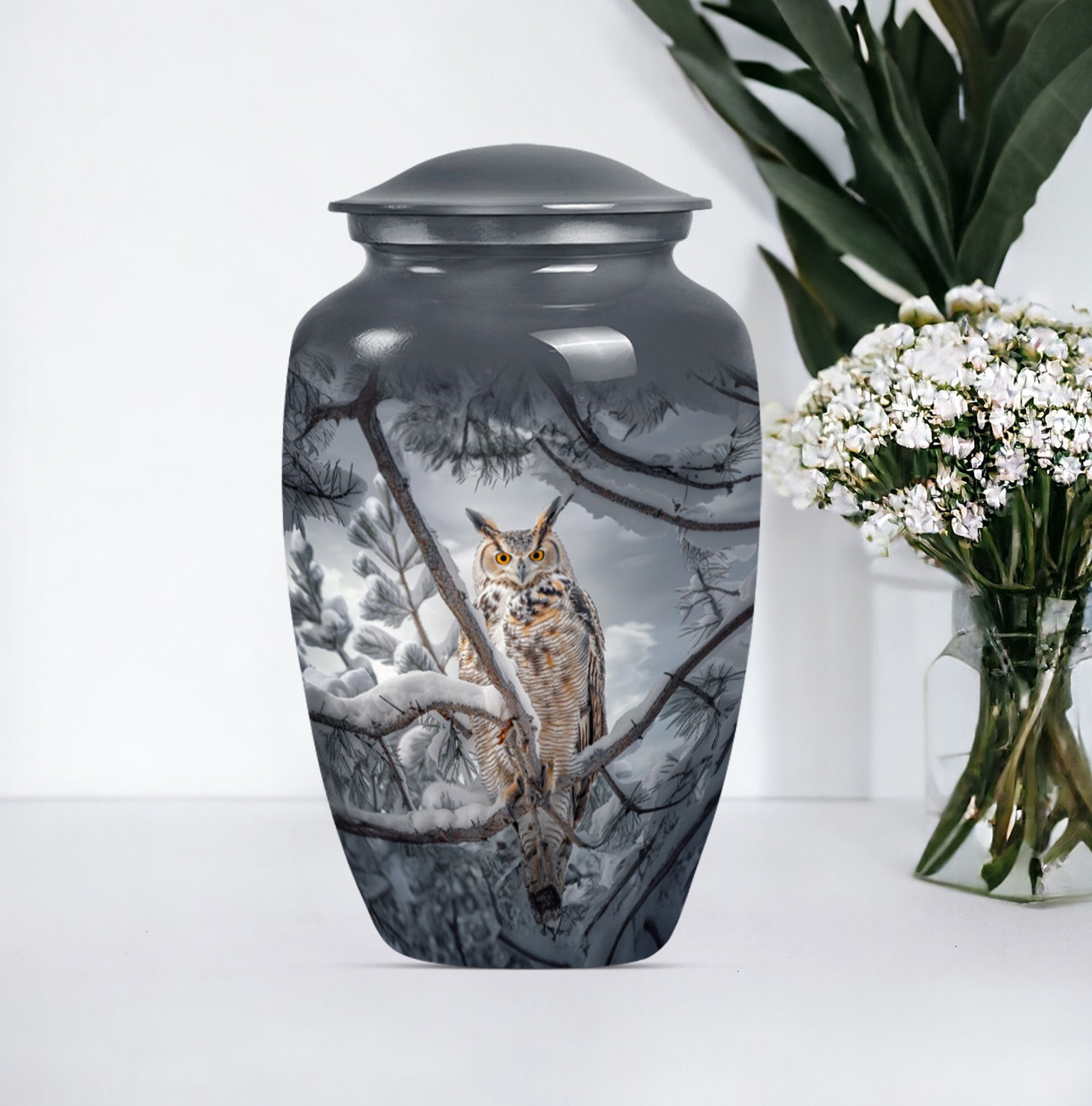 10-inch owl urn, aluminum funeral urn with a wolf howling.