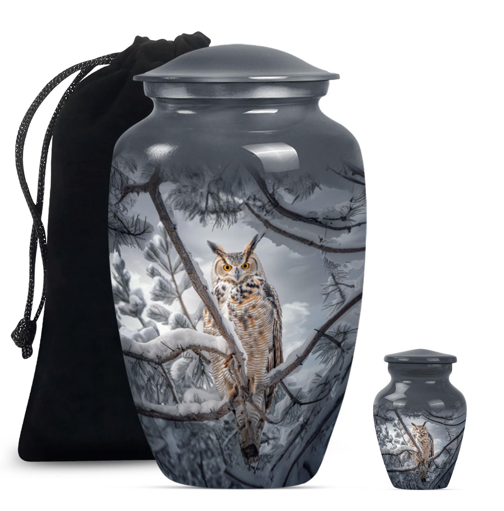 10-inch owl urn, aluminum funeral urn with a wolf howling.