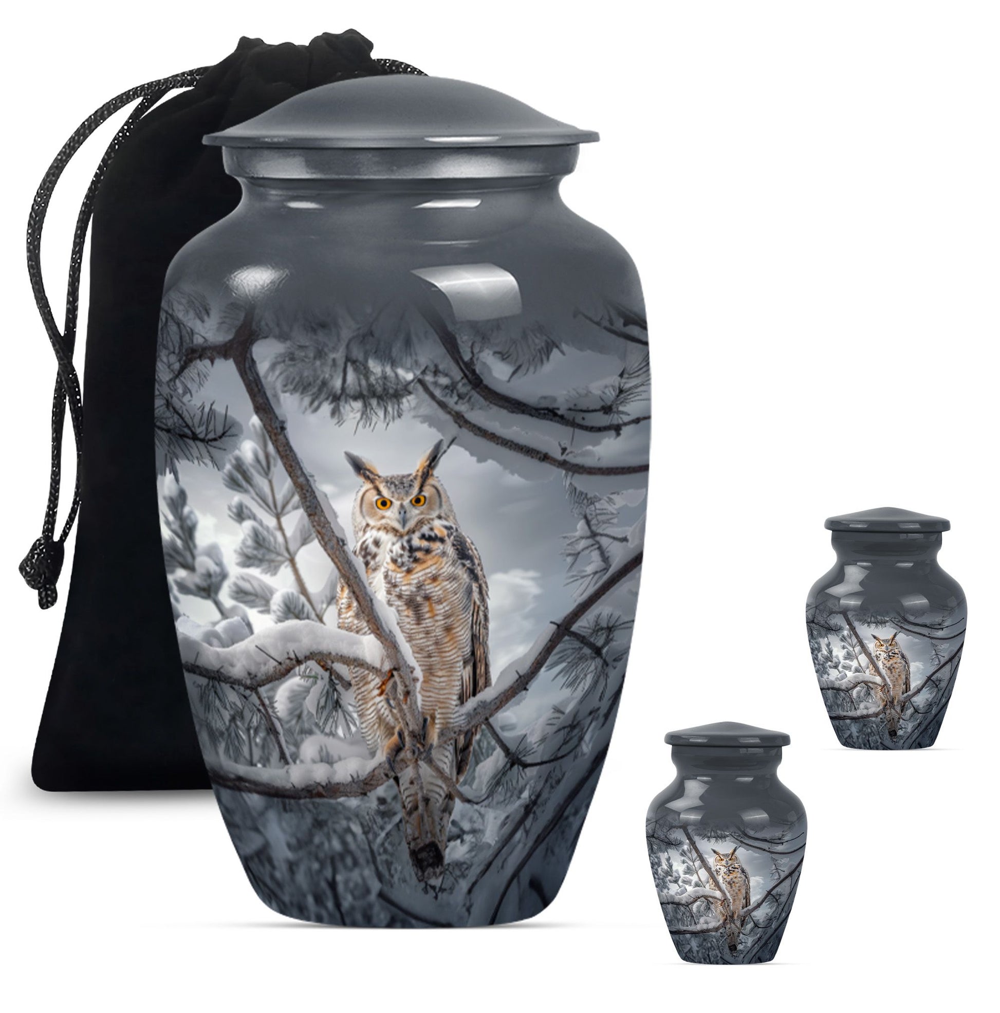 10-inch owl urn, aluminum funeral urn with a wolf howling.