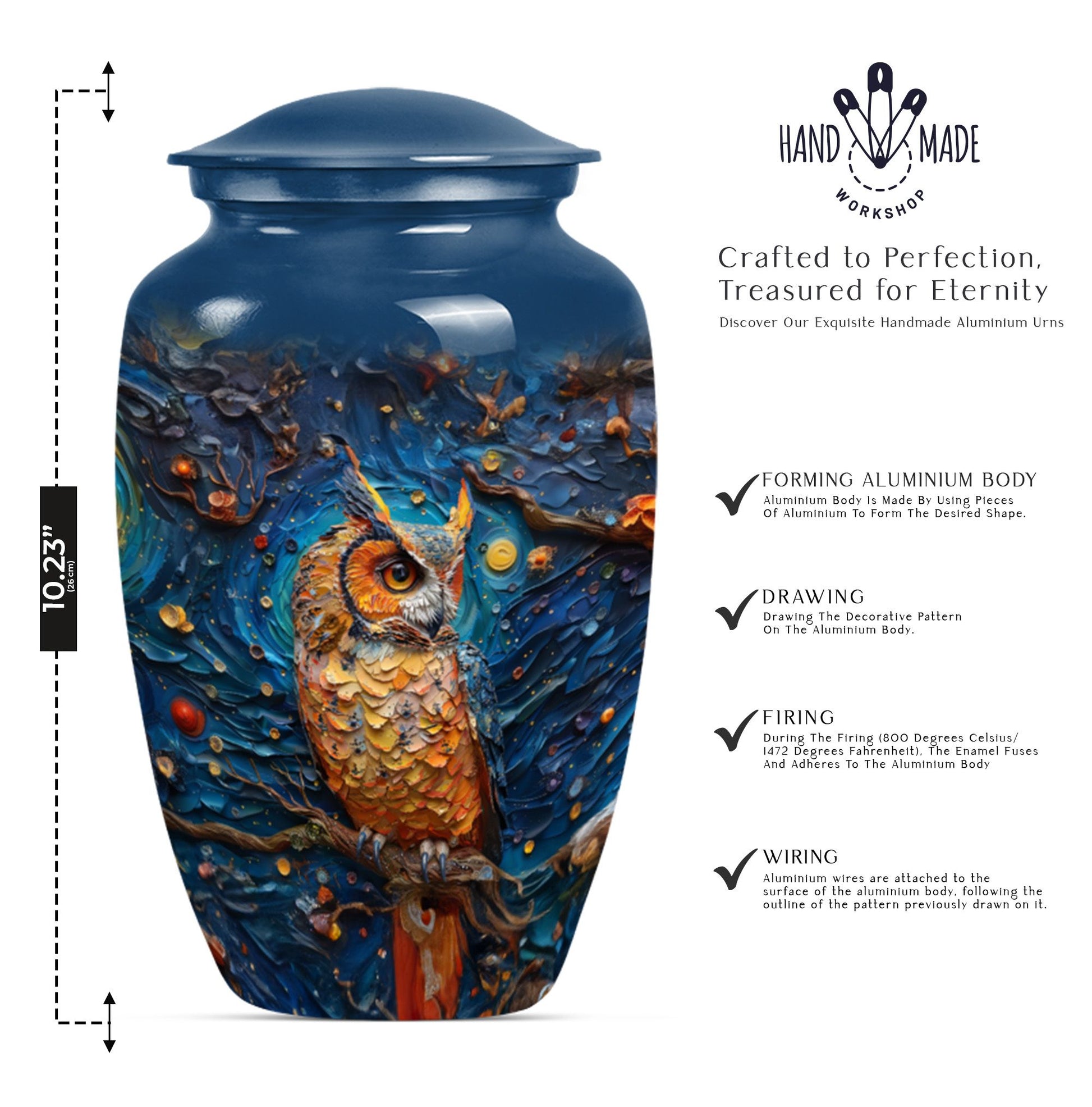 classic aluminium owl urn with howling wolf theme.