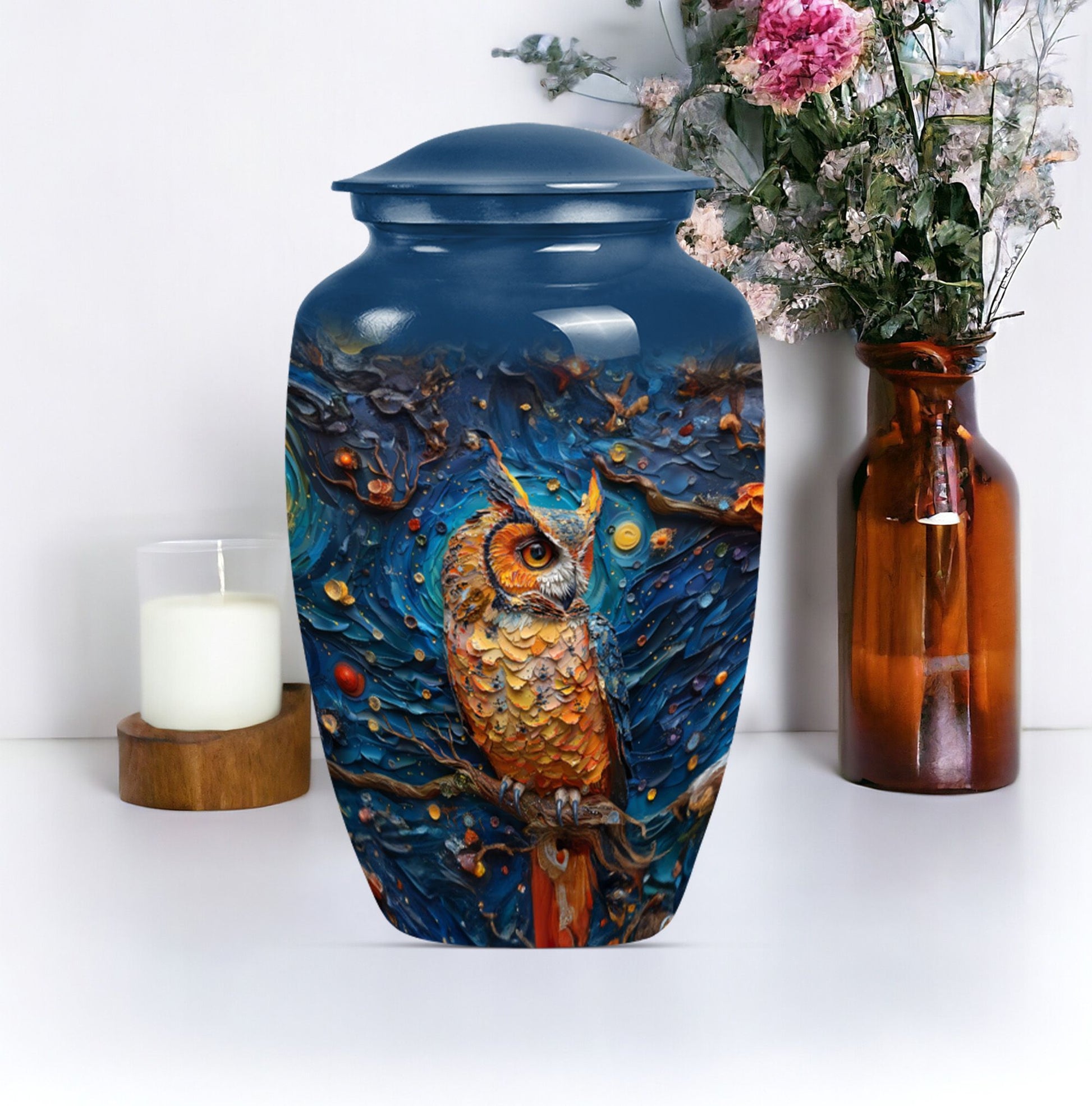 classic aluminium owl urn with howling wolf theme.