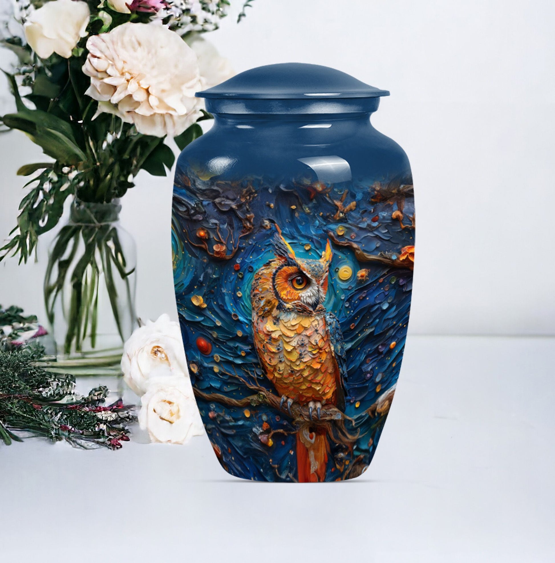 classic aluminium owl urn with howling wolf theme.