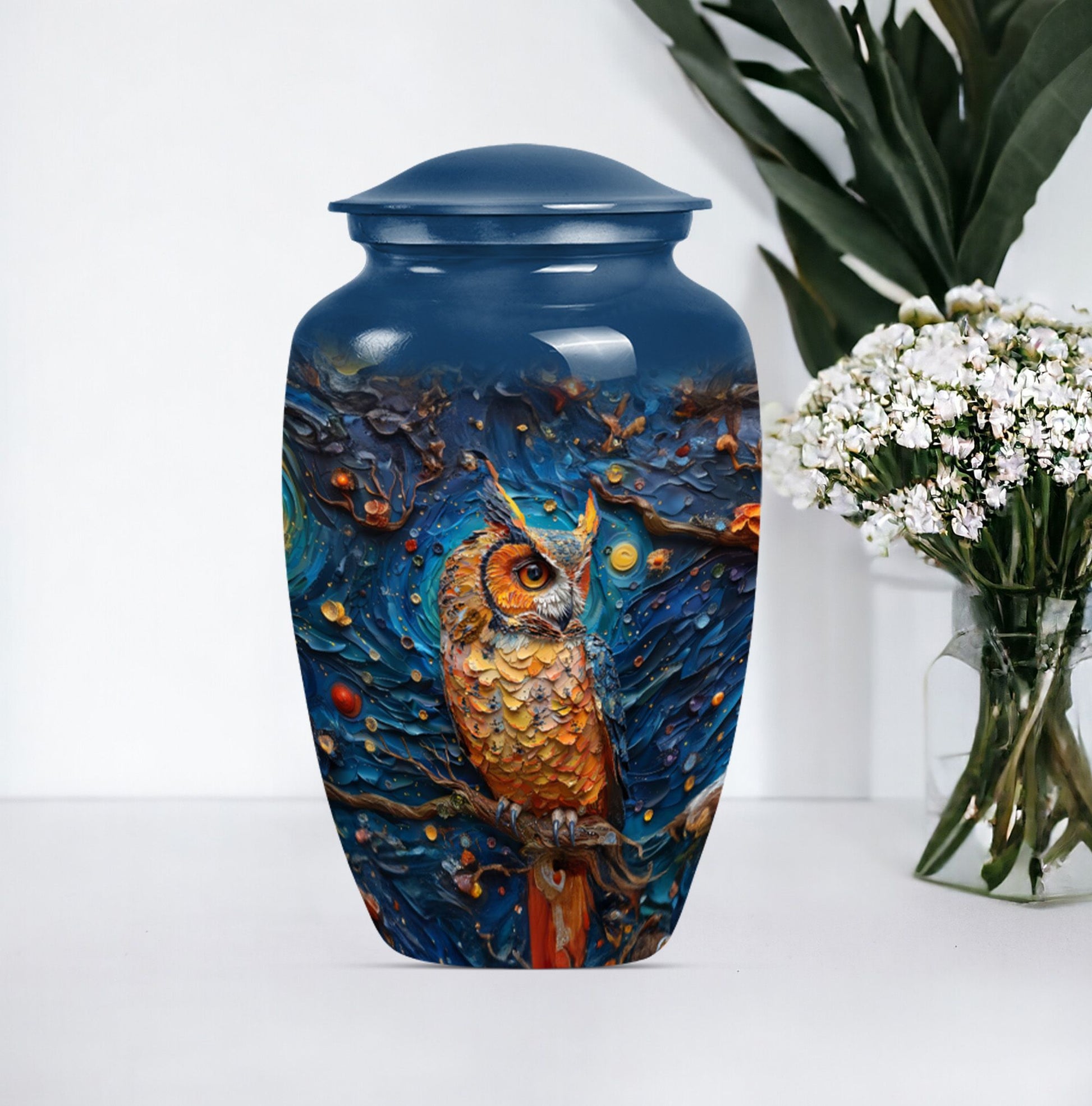 classic aluminium owl urn with howling wolf theme.