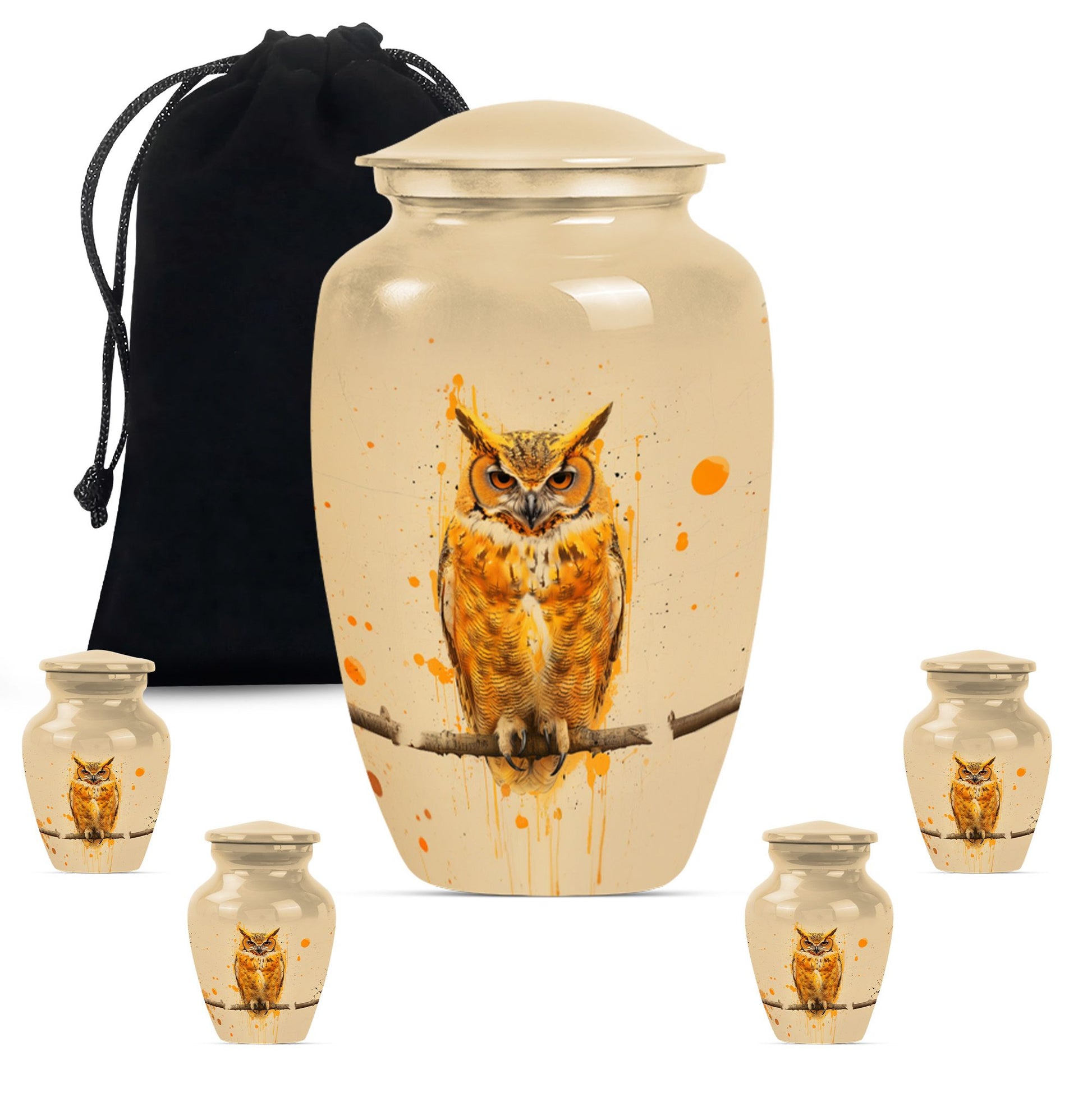 Classic 10 inch owl urn with wolf howling theme.