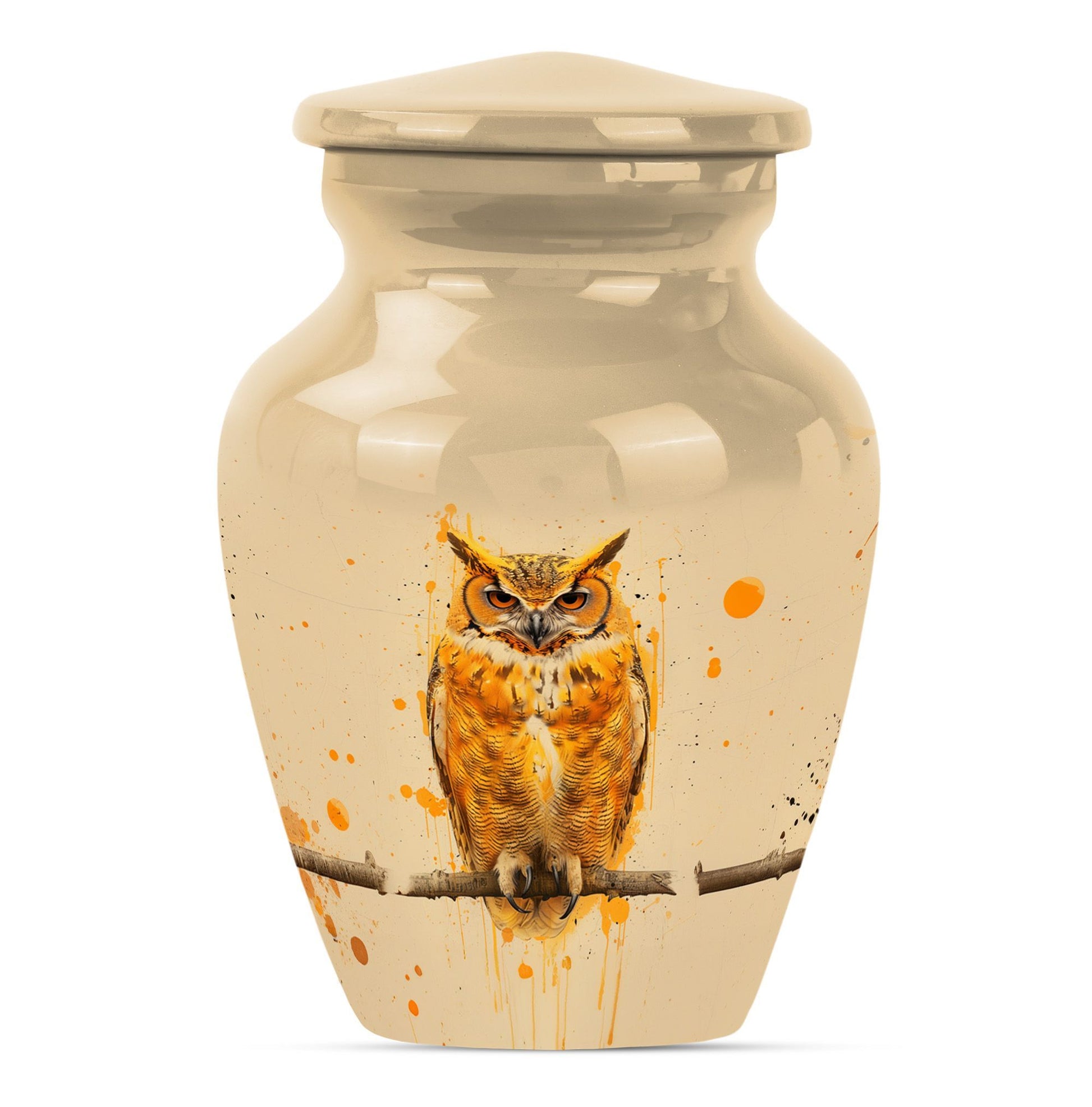 Classic 10 inch owl urn with wolf howling theme.