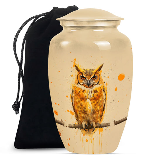 Classic 10 inch owl urn with wolf howling theme.