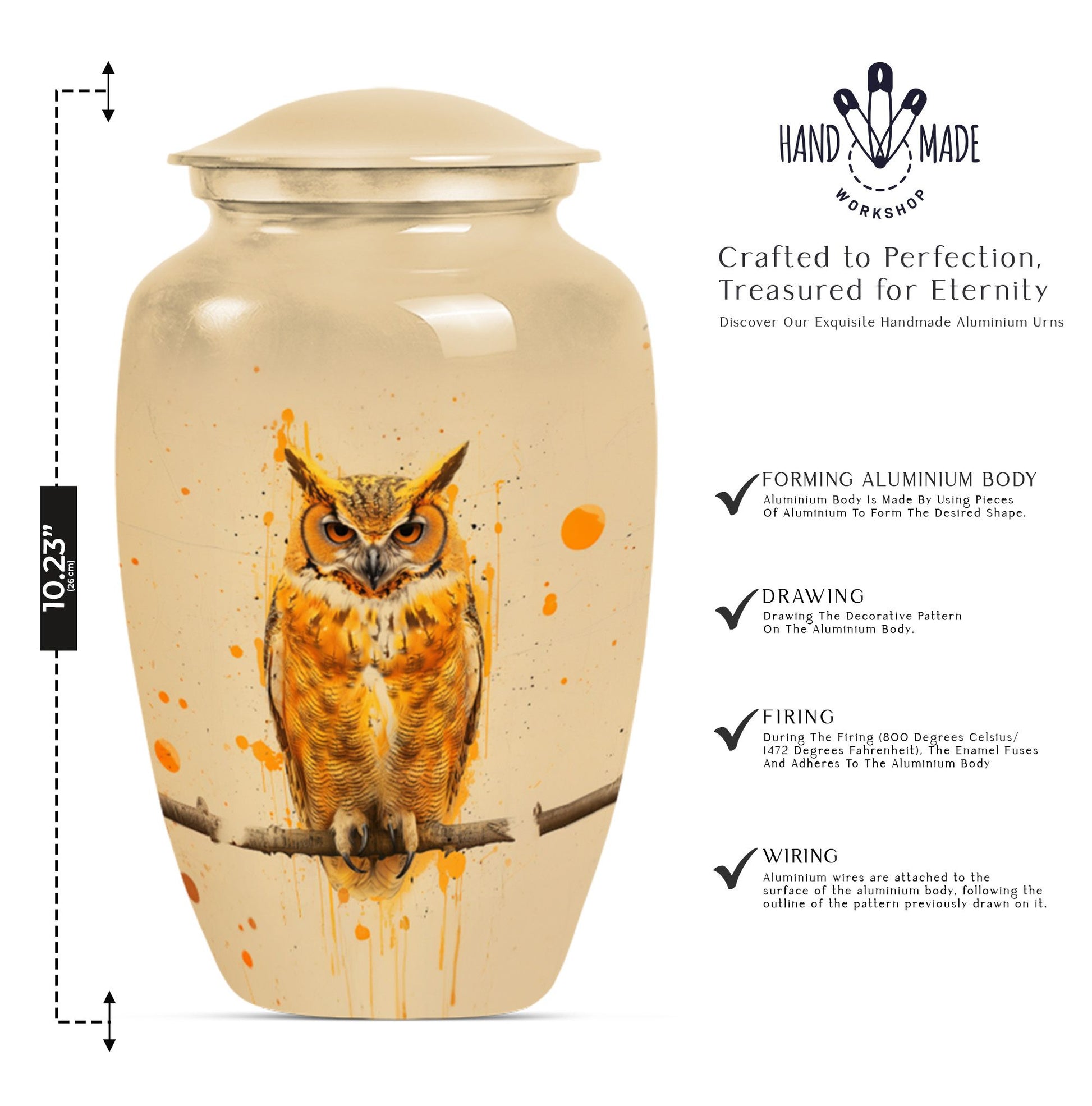 Classic 10 inch owl urn with wolf howling theme.