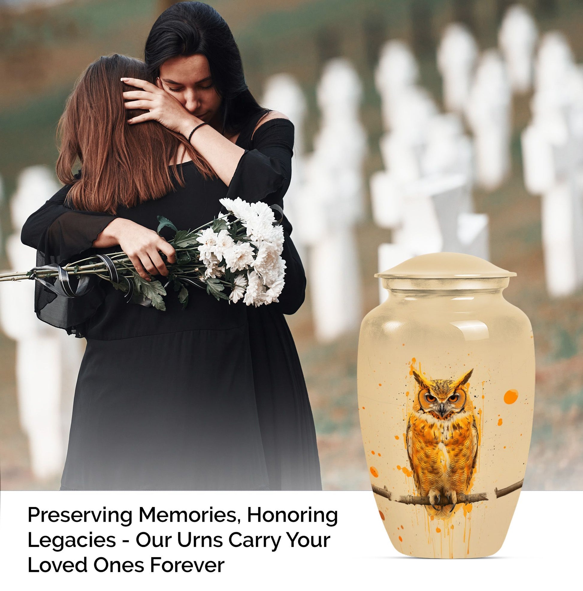 Classic 10 inch owl urn with wolf howling theme.