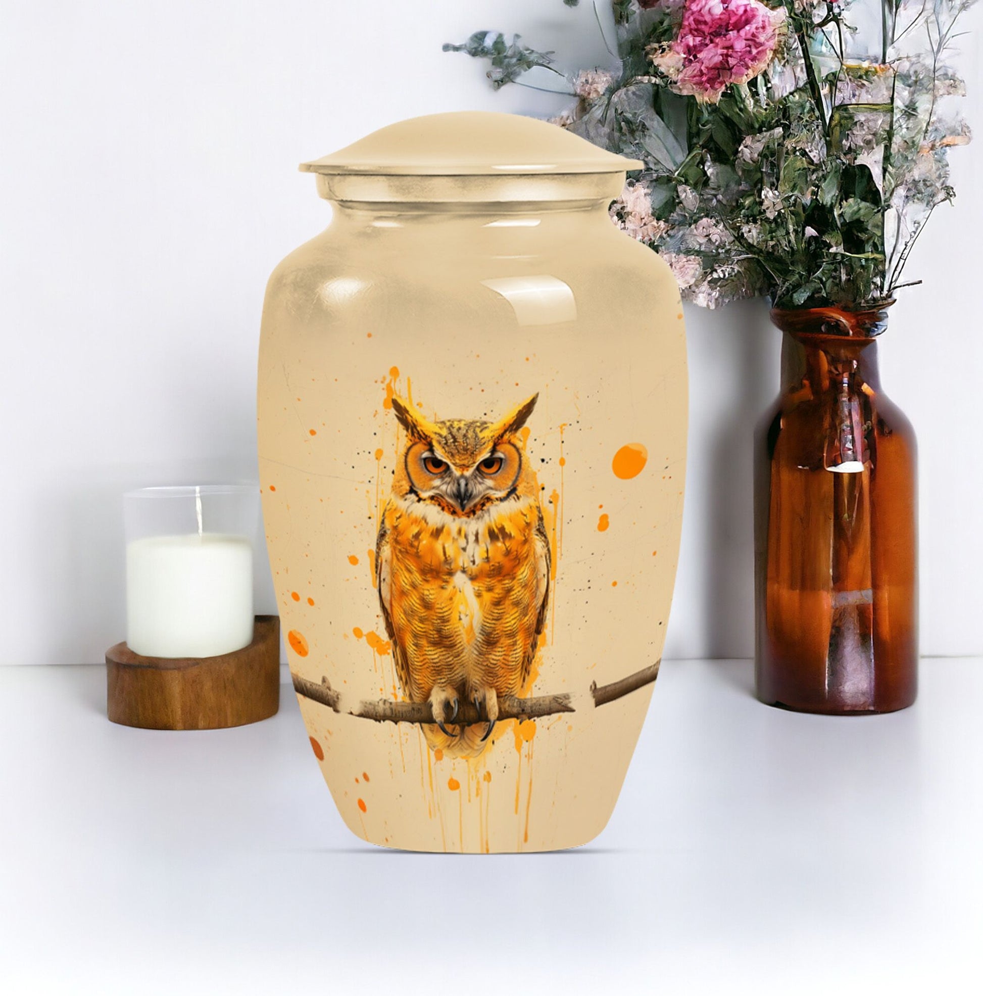 Classic 10 inch owl urn with wolf howling theme.