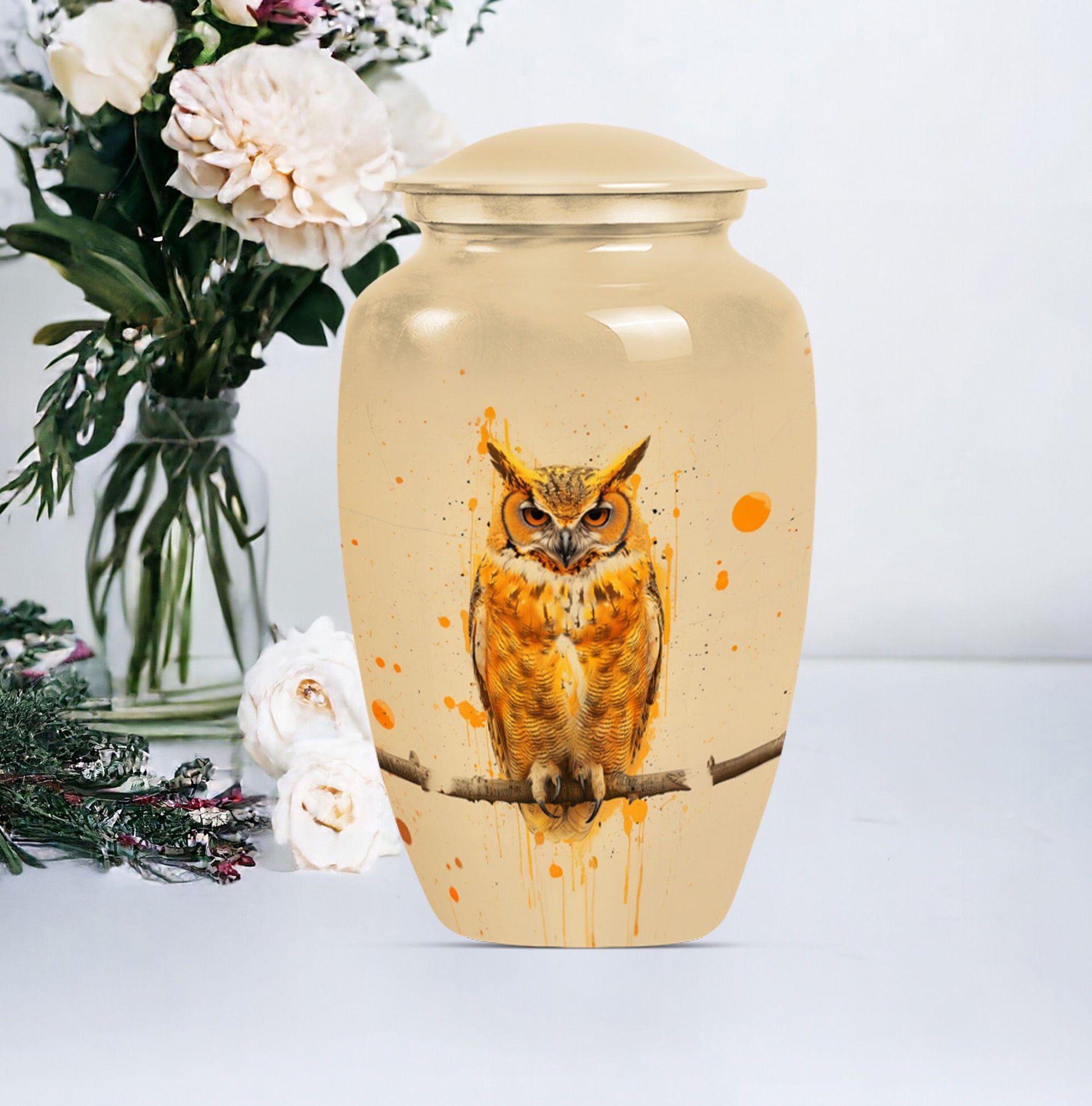 Classic 10 inch owl urn with wolf howling theme.