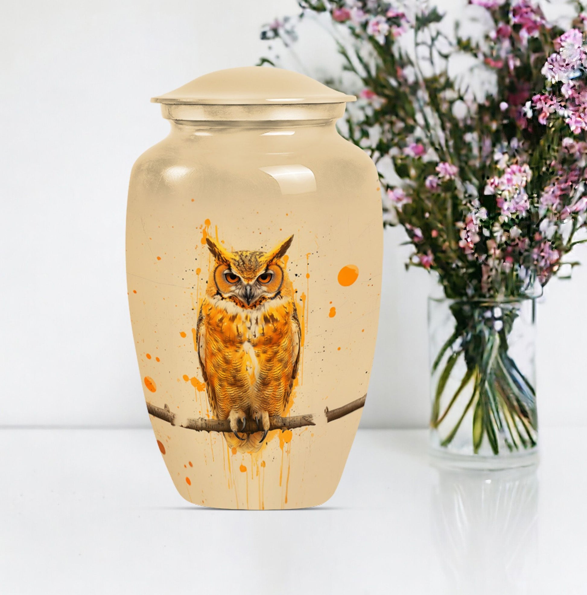 Classic 10 inch owl urn with wolf howling theme.