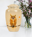 Classic 10 inch owl urn with wolf howling theme.