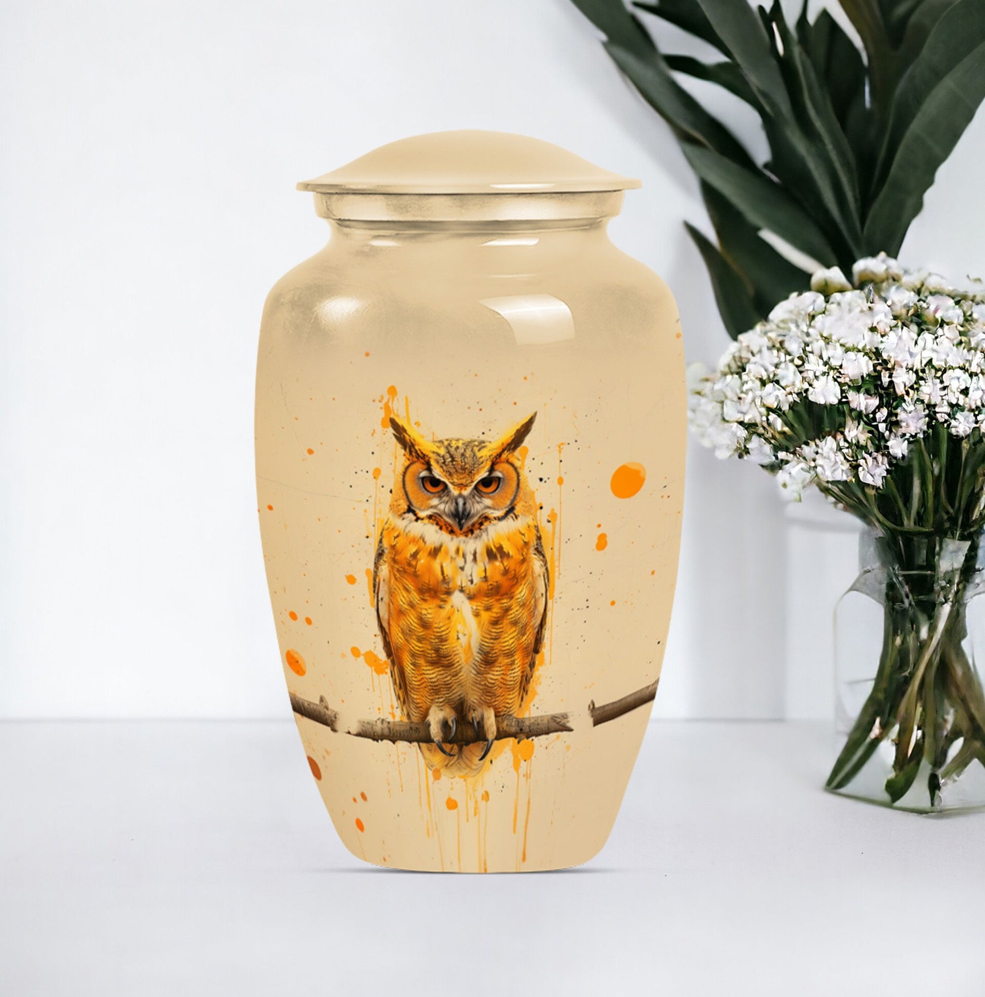 Classic 10 inch owl urn with wolf howling theme.