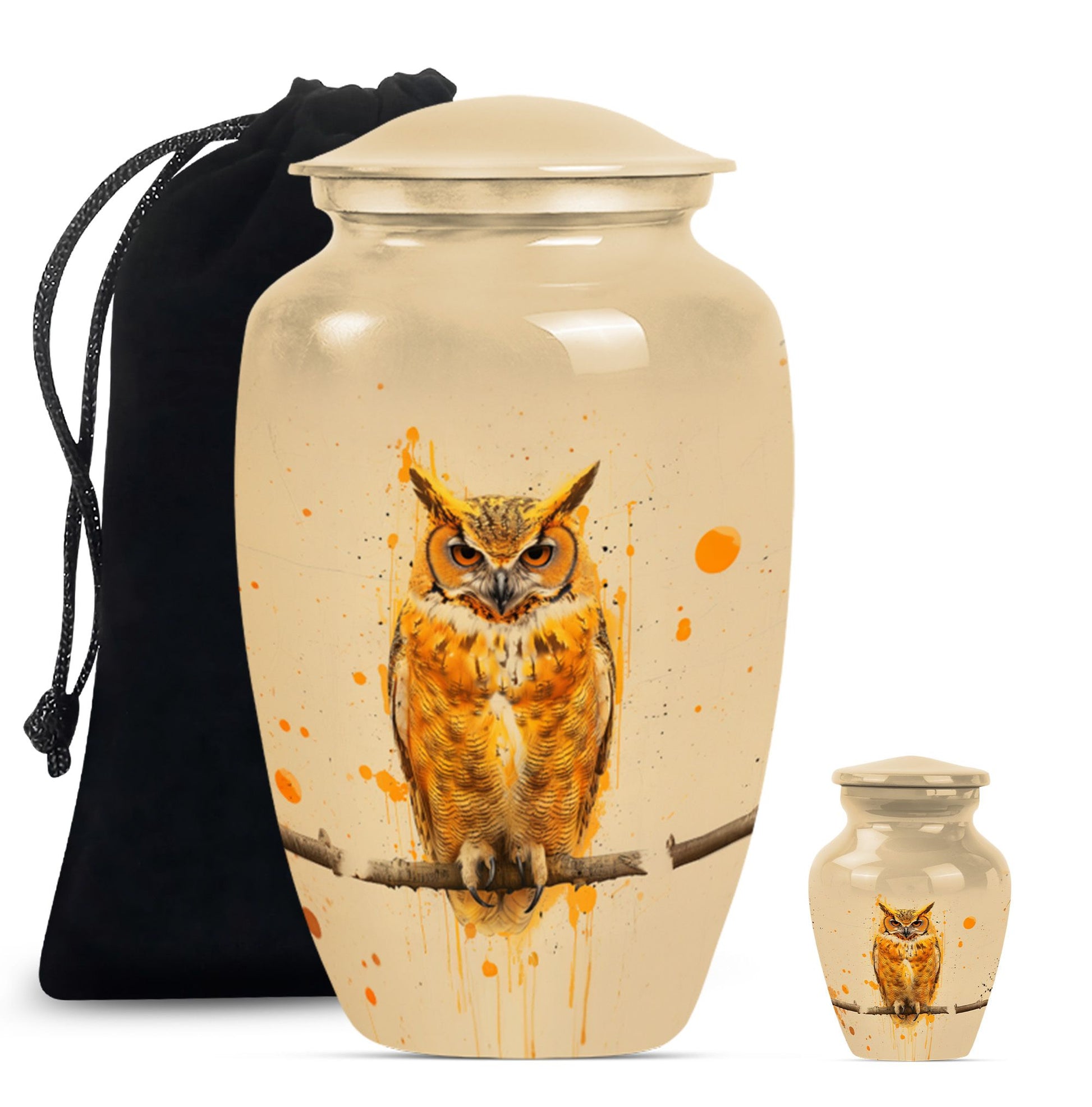 Classic 10 inch owl urn with wolf howling theme.