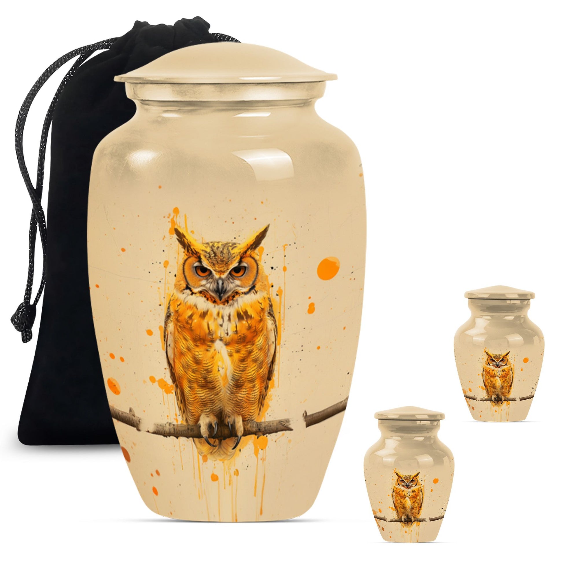 Classic 10 inch owl urn with wolf howling theme.