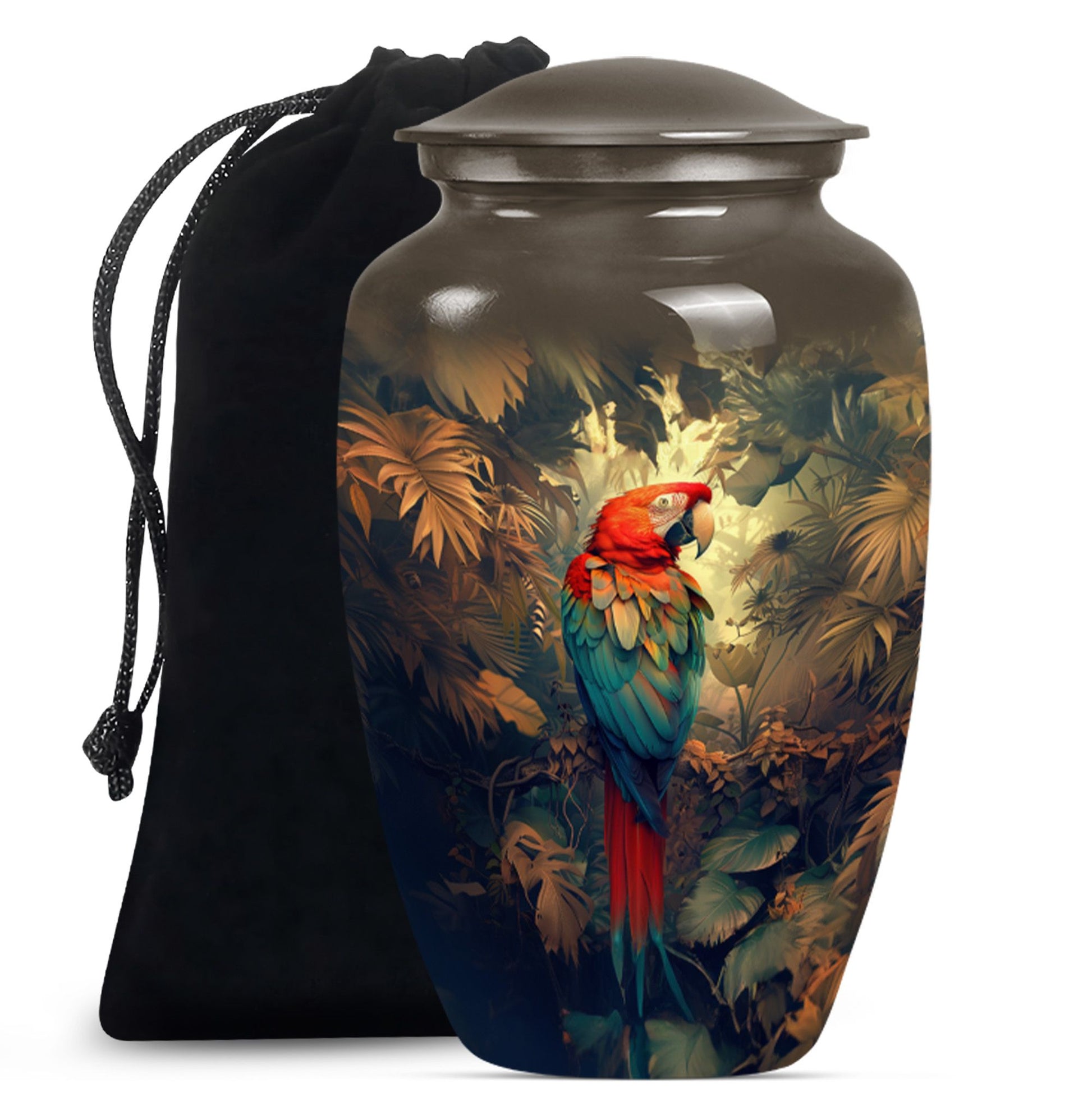 10-inch macaw parrot urn with wolf howling 