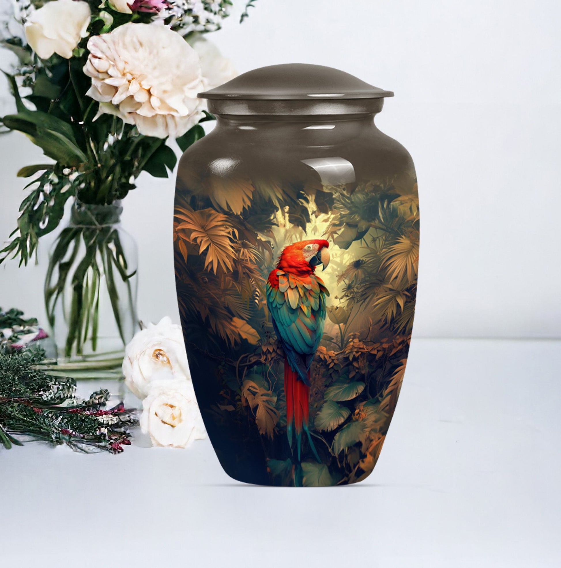 10-inch macaw parrot urn with wolf howling 