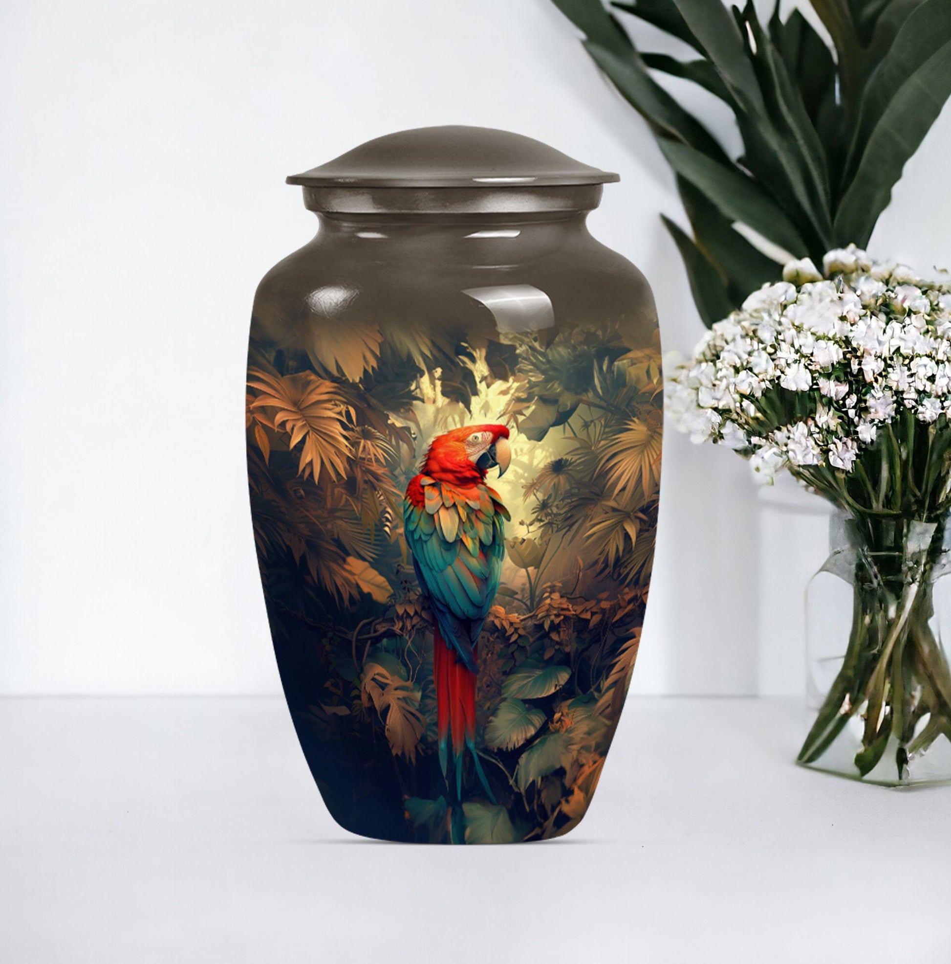 10-inch macaw parrot urn with wolf howling 