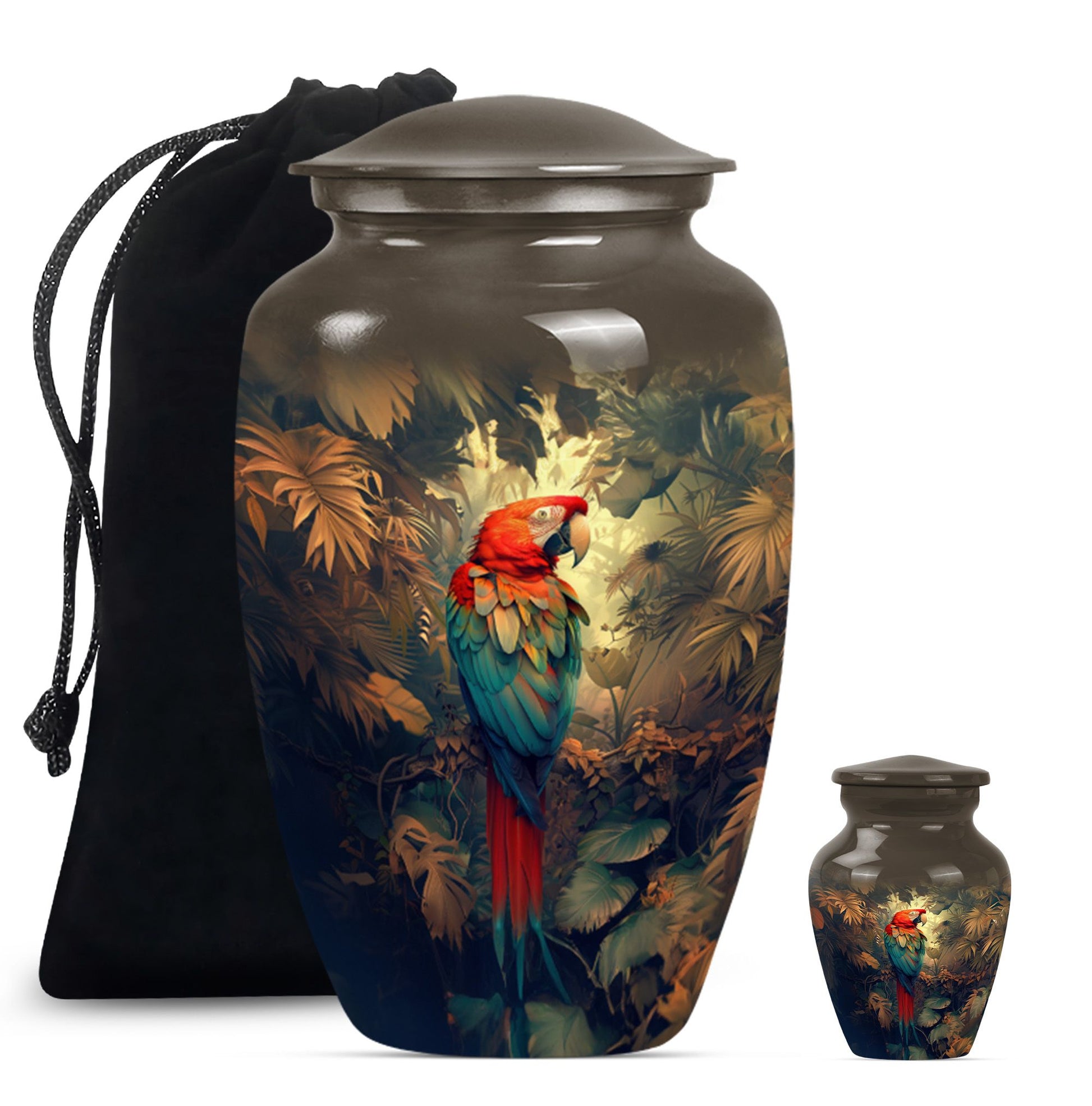 10-inch macaw parrot urn with wolf howling 