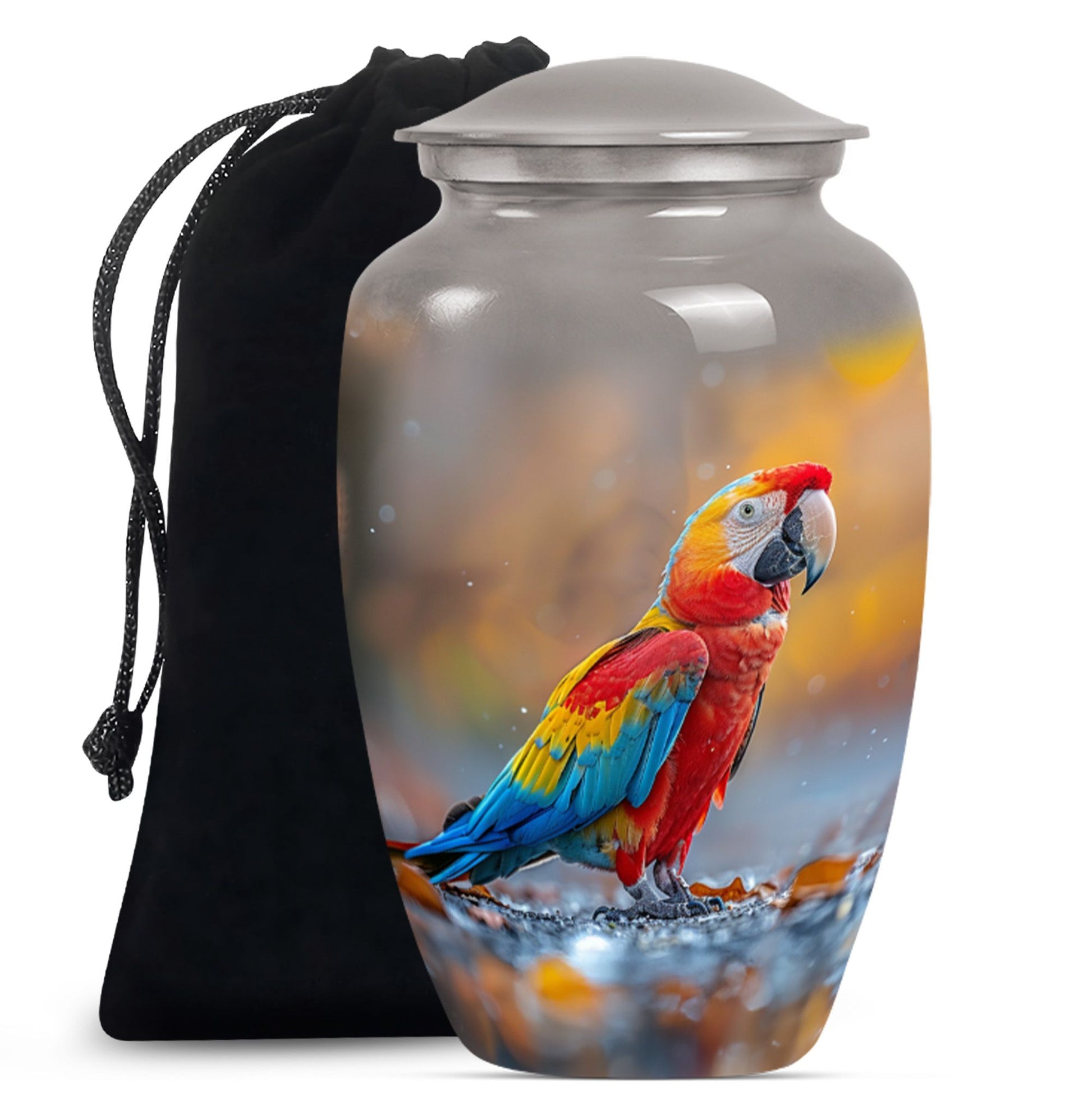 classic macaw parrot urn with wolf howling theme.