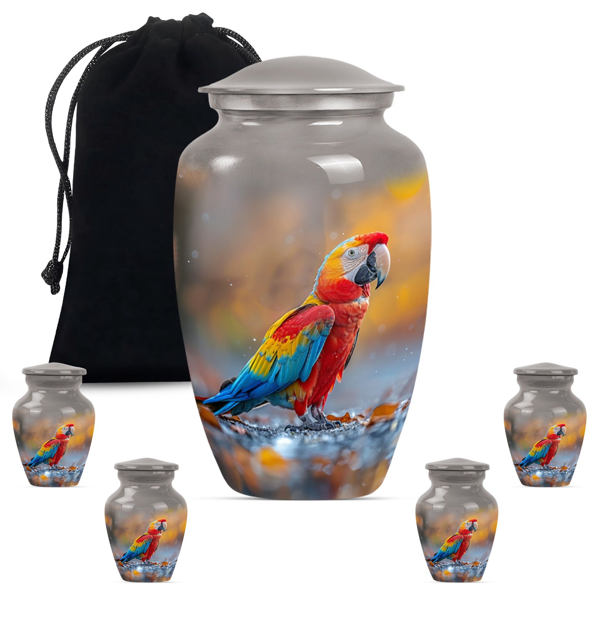 classic macaw parrot urn with wolf howling theme.