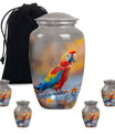 classic macaw parrot urn with wolf howling theme.