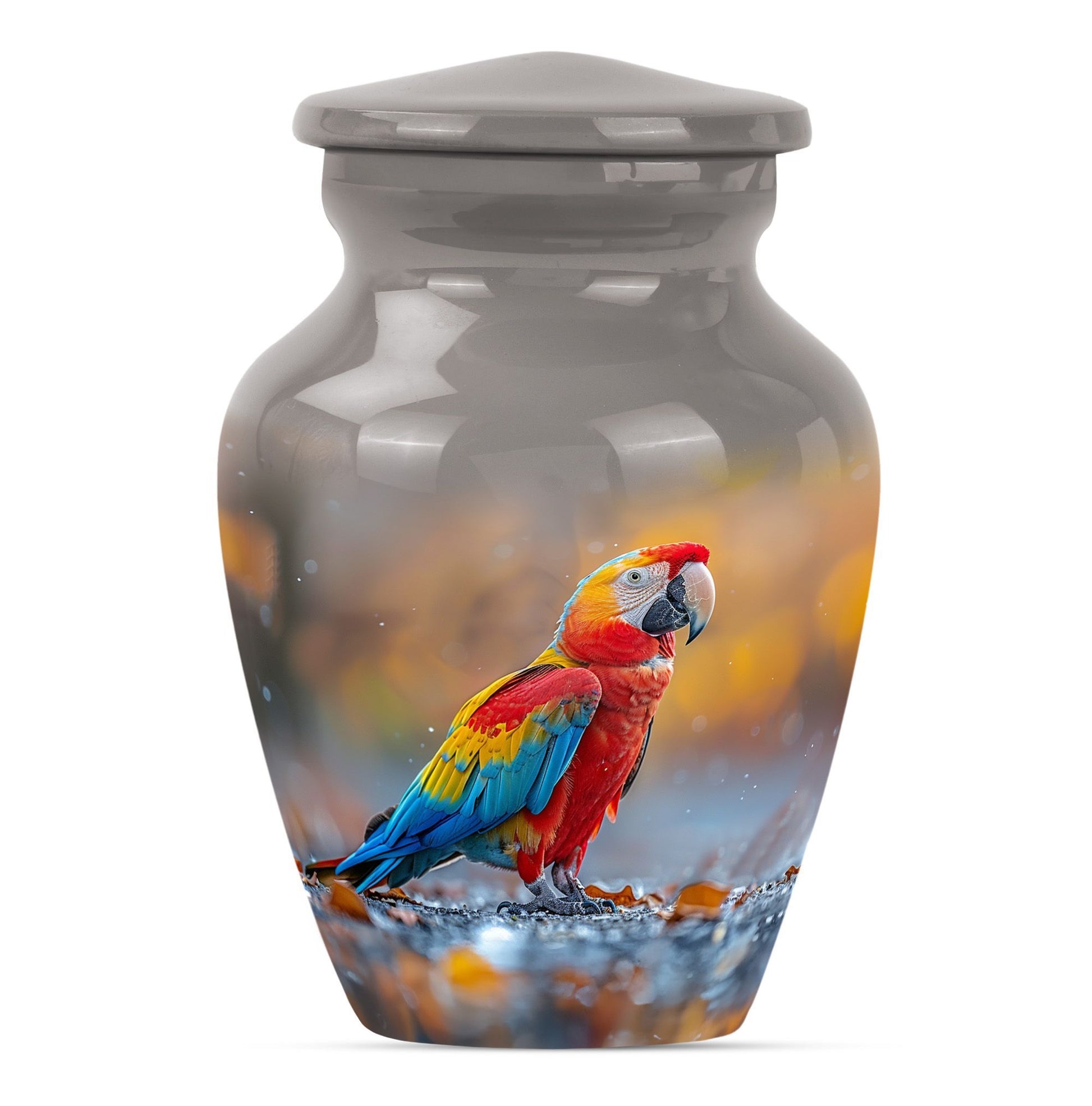 classic macaw parrot urn with wolf howling theme.