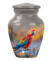 classic macaw parrot urn with wolf howling theme.