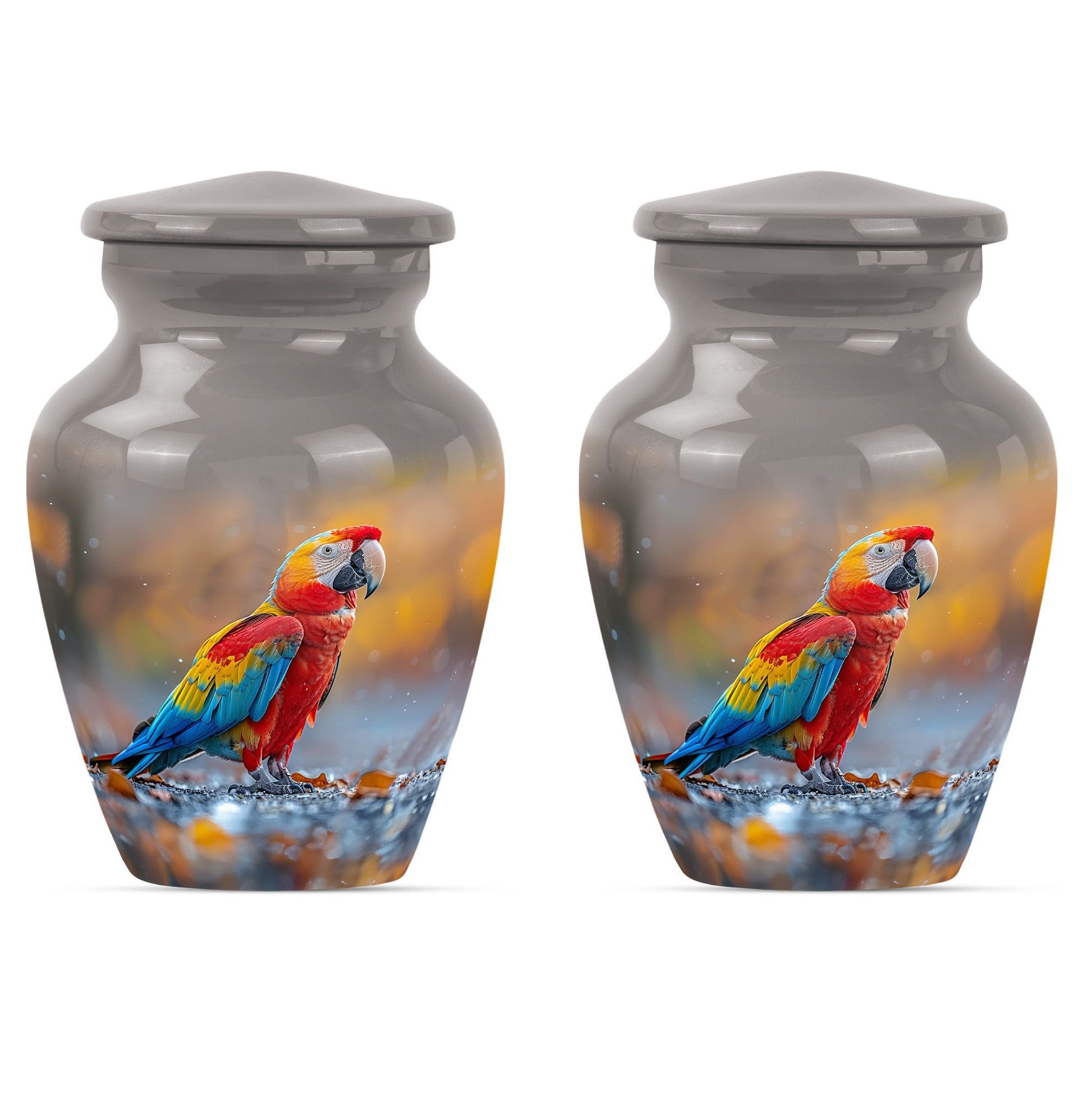 classic macaw parrot urn with wolf howling theme.