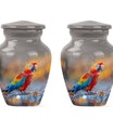 classic macaw parrot urn with wolf howling theme.