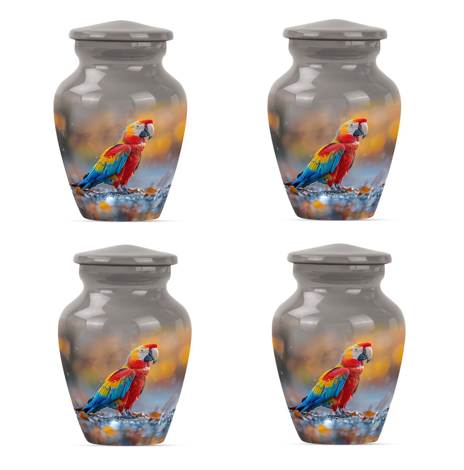 classic macaw parrot urn with wolf howling theme.