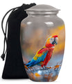 classic macaw parrot urn with wolf howling theme.