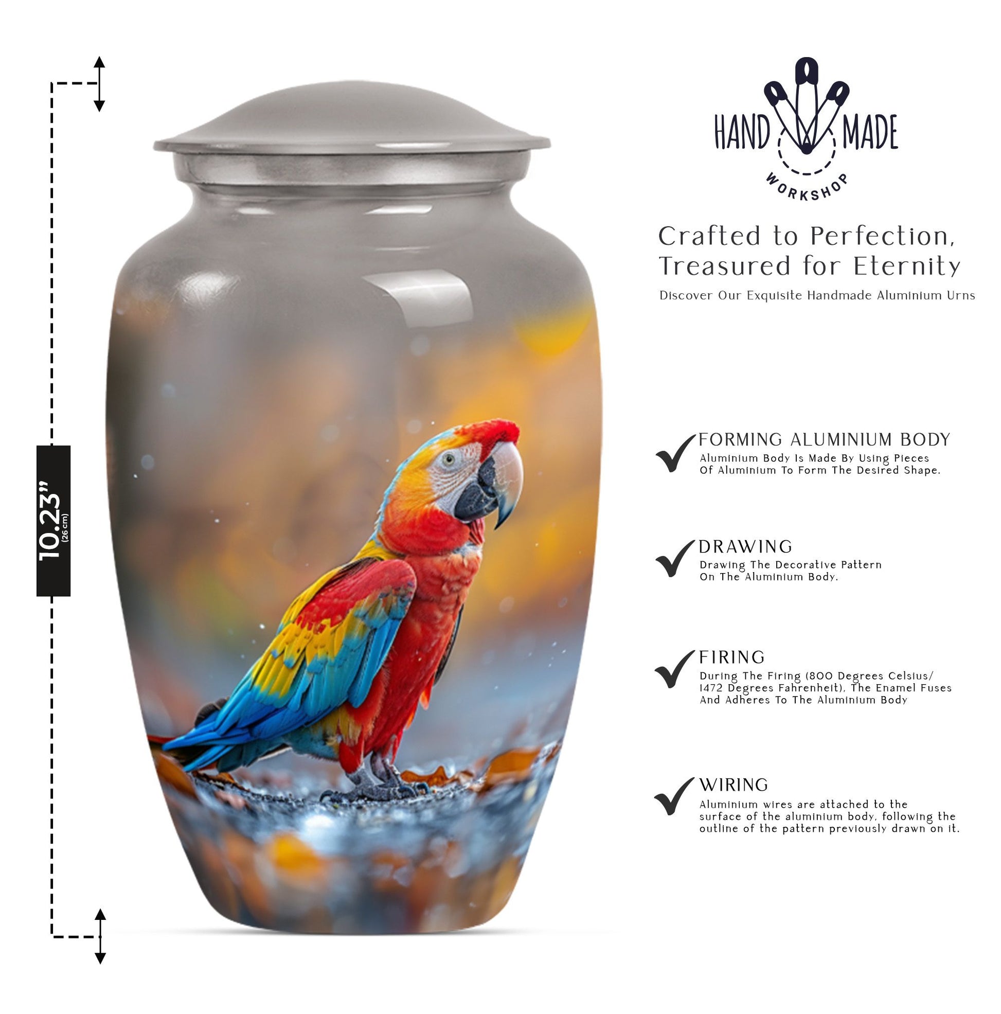 classic macaw parrot urn with wolf howling theme.